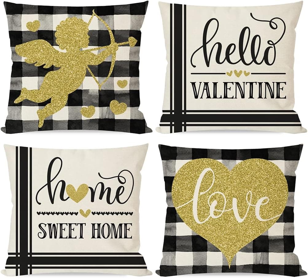 PANDICORN Valentines Pillow Covers 18x18 Set of 4, Black Gold Buffalo Plaid Check Valentines Day Pillow Covers Valentines Day Decoration, Hello Valentine Love Heart Cupid Arrow Decor Throw Pillows