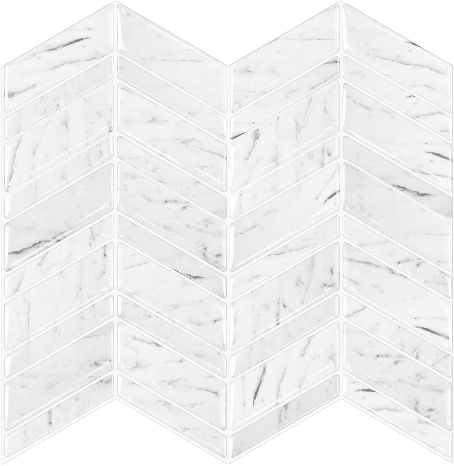 STICKGOO White Herringbone Peel and Stick Backsplash, Marble Look Self Adhesive Tiles for Kitchen & Bathroom (Pack of 10, Thicker Design)