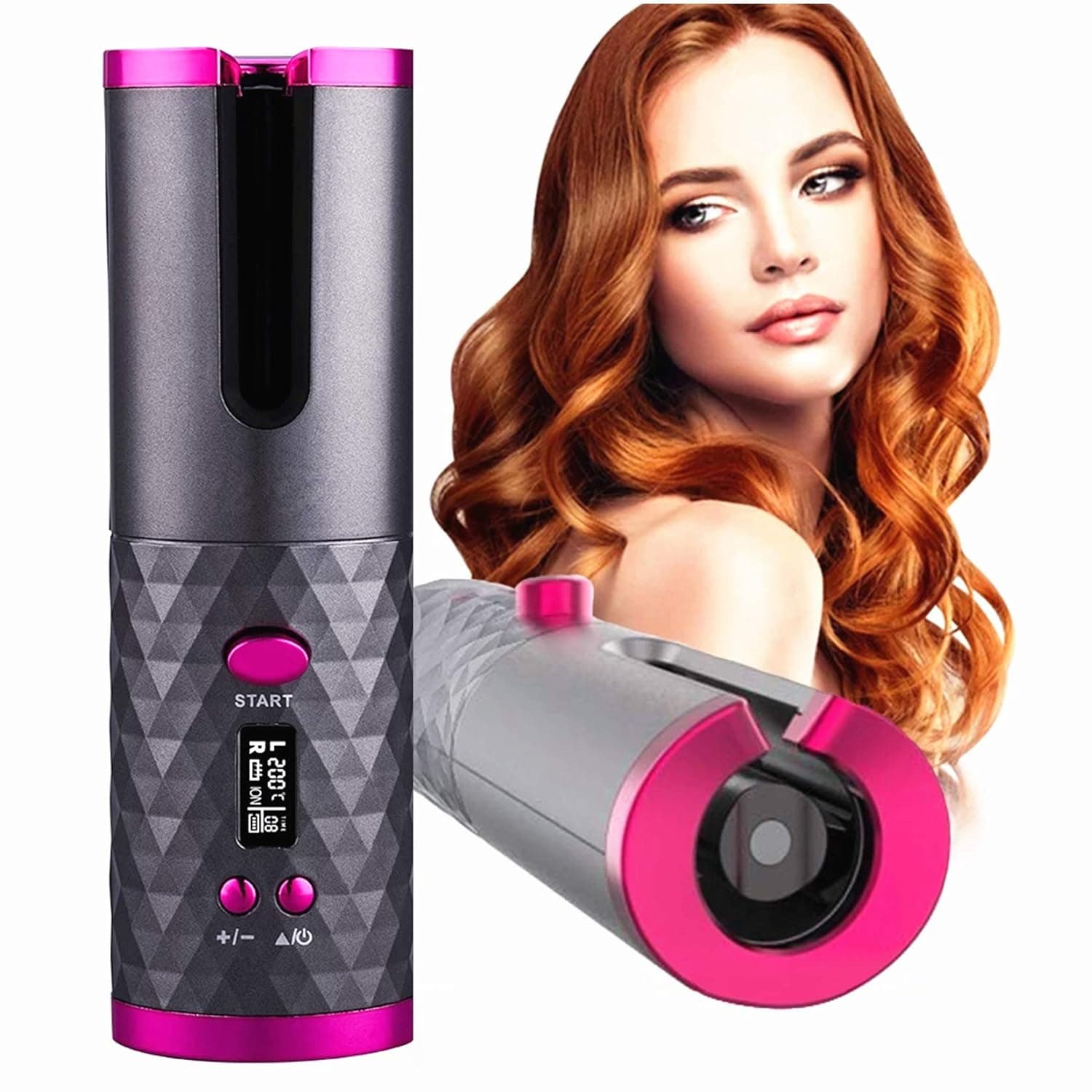 Cordless Automatic Hair Curler Portable Electric Wand Curling Iron with LCD Temperature Display Fast Heating Auto Rotating Ceramic Barrel Hair Curler USB Rechargeable for Travel, Home