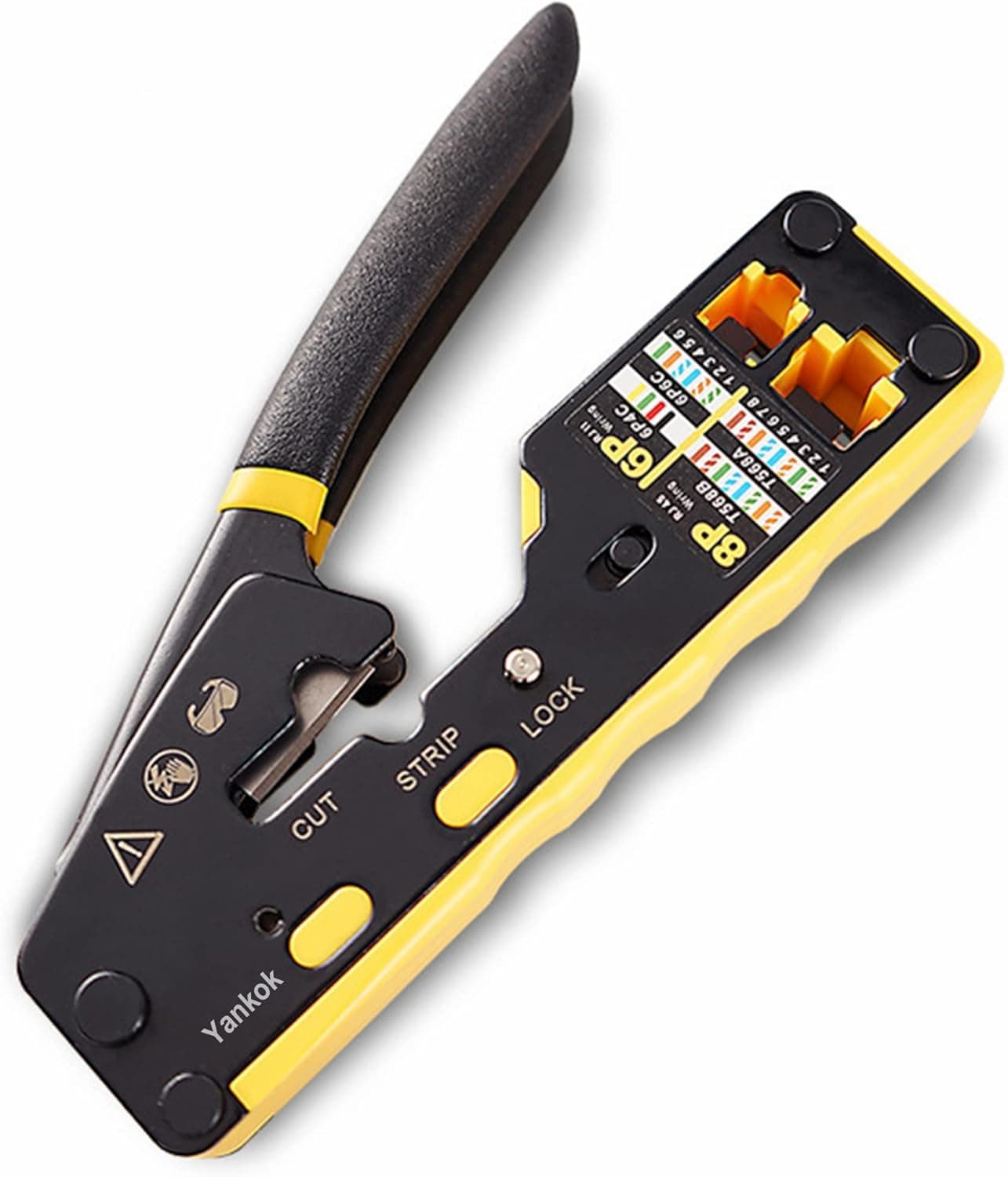 Yankok [The Ultimate Pass Through Crimper] for CAT5/5e CAT6 Network Connectors CAT6a CAT7 Shielded Modular Plugs RJ45 RJ12 RJ11 Pass Through Crimp Tool Strip and Cut with Wiring Diagram