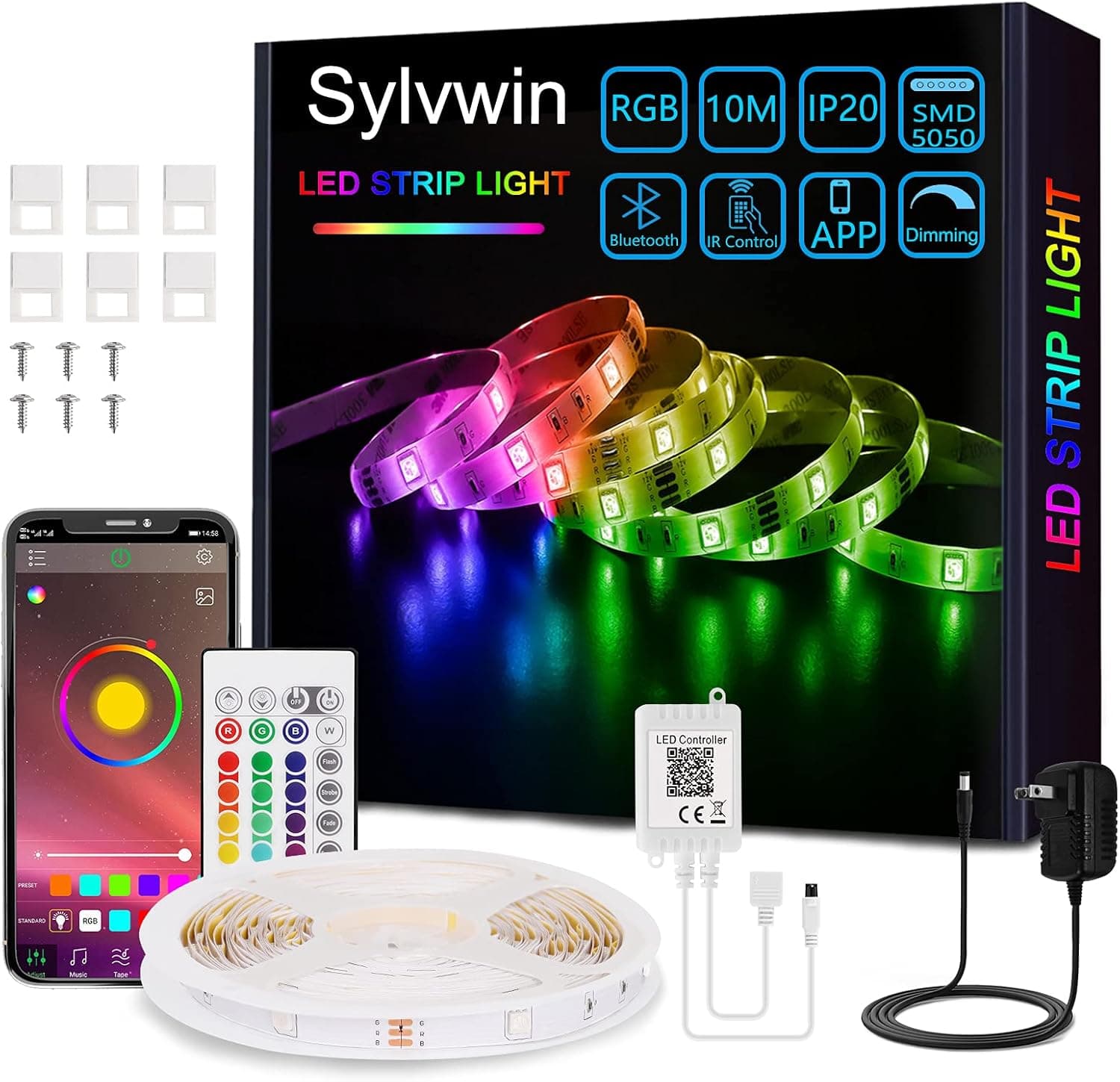 sylvwin Led Strip Lights 32.8ft,RGB Color Changing Led Lights Strip,SMD 5050 Dimmable Lighting with APP&Remote Control,Music Sync Led Lights Strip for Bedroom,Home Kitchen,Party,TV Backlight