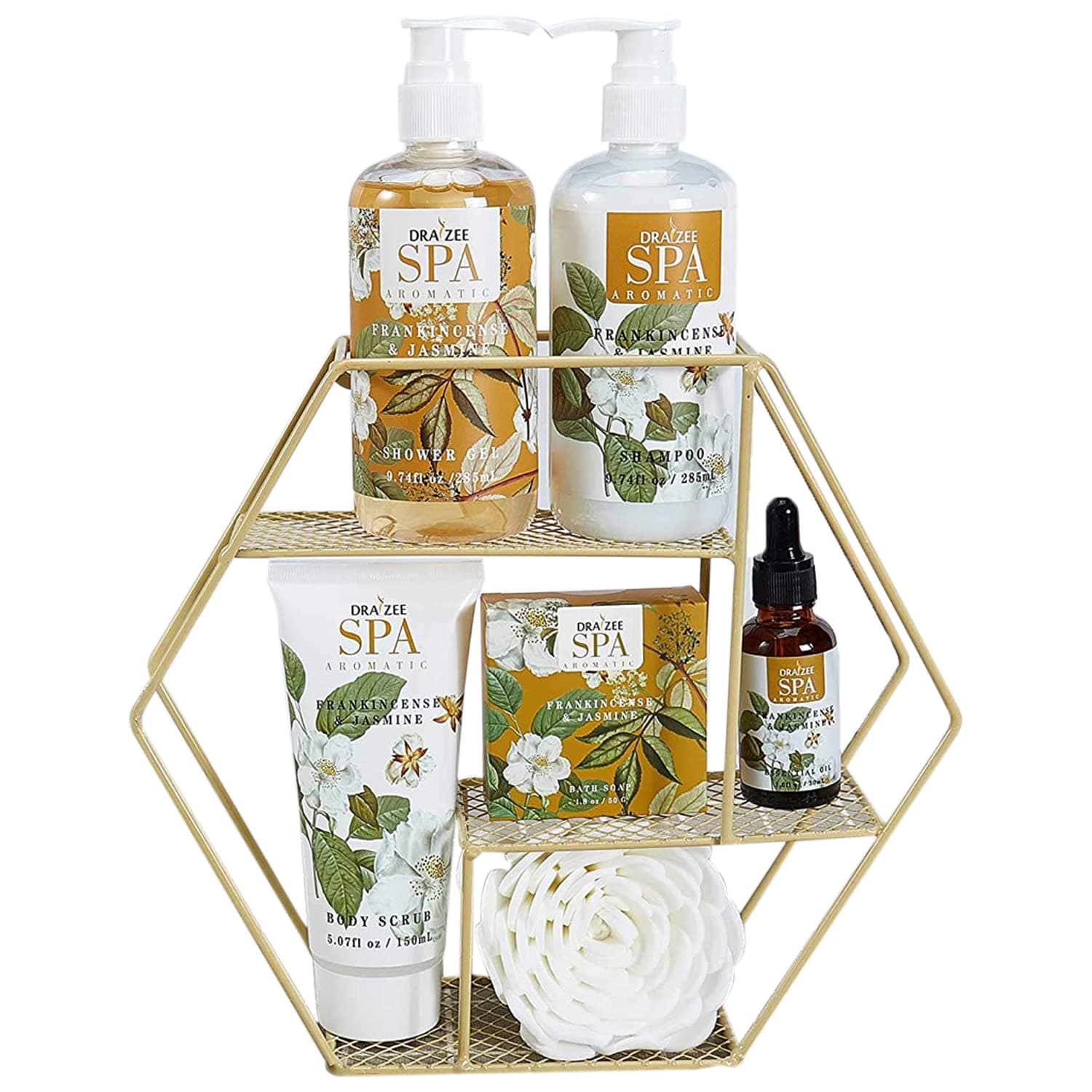 Draizee Home Spa Bath Mother's Day Gift Set for Women Girls Wife w/Refreshing Frankincense & Jasmine Fragrance 7 Pieces - Luxury Skin Care Set w/Shower Gel, Shampoo, Body Scrub, Essential Oil