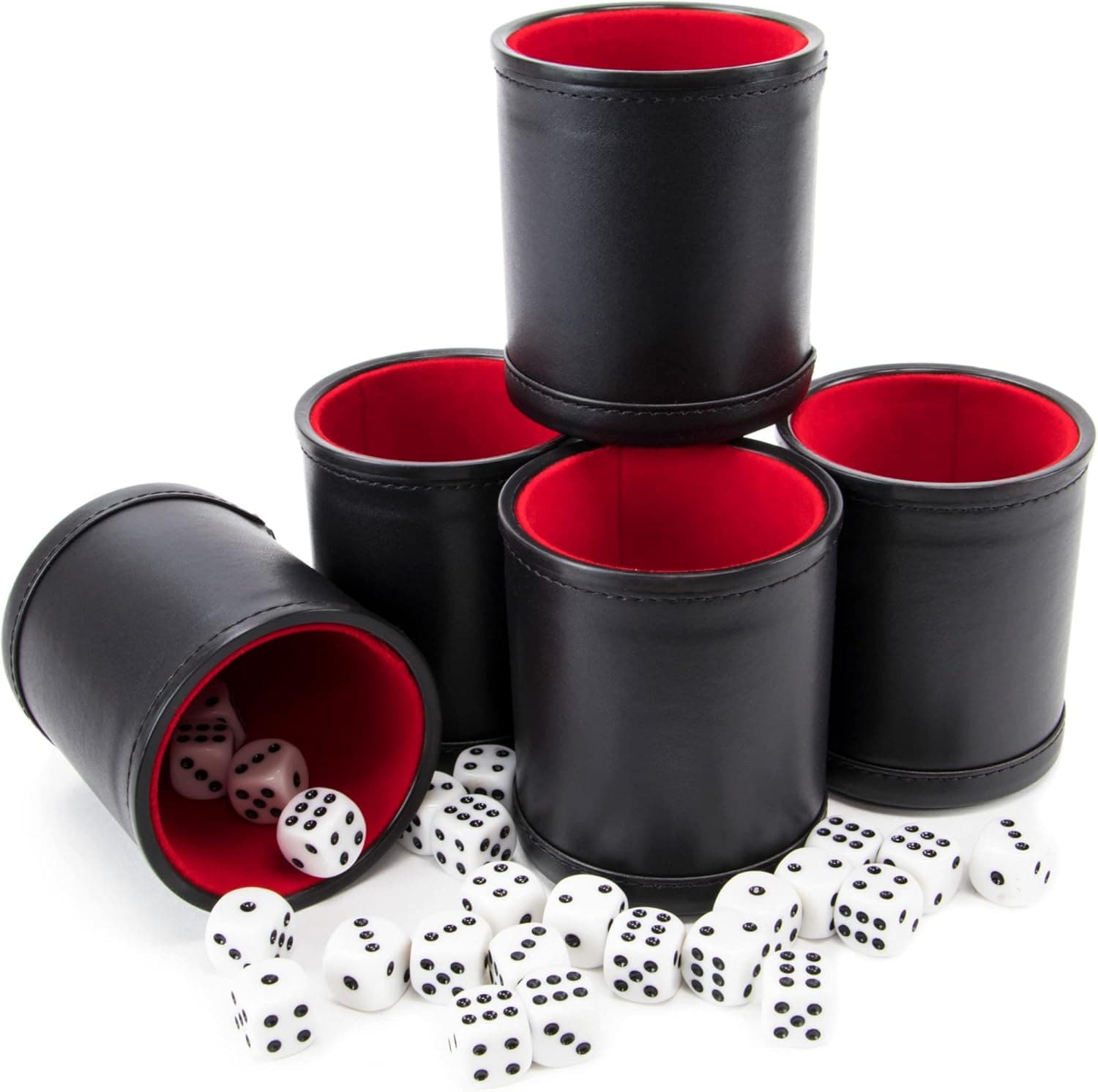 Brybelly Dice Set with Dice Shaker Cup - Perfect for Casino Dice Game - Dice Games for Family Leather Dice Cup - Poker Dice Shaker - 5 Red Lined Dice Cups and 25 Dice Sets