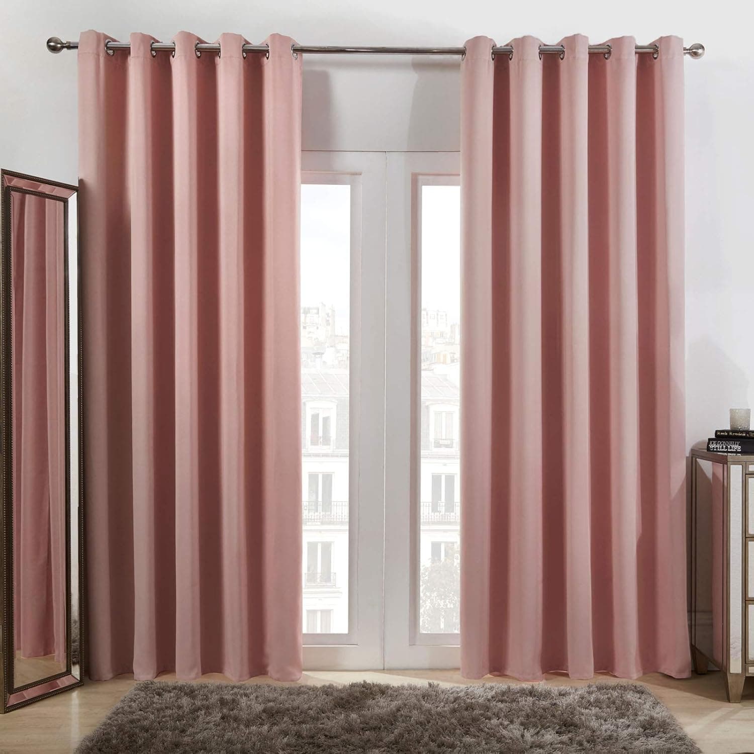 Dreamscene Eyelet Blackout Curtains Set of 2 Thermal Ring Top Window Treatment Panels - Blush Pink, Width 66" x Drop 54