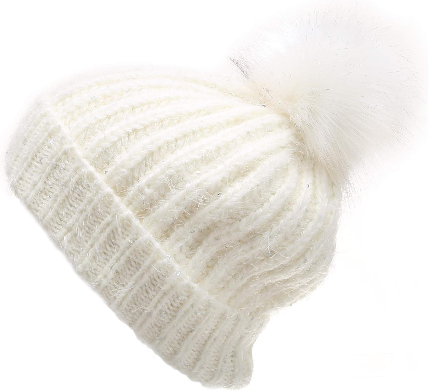 MIRMARU Women’s Soft Chunky Scattered Sequin Fuzzy Cable Knit Faux Pom Pom Beanie hat with Sherpa Lined