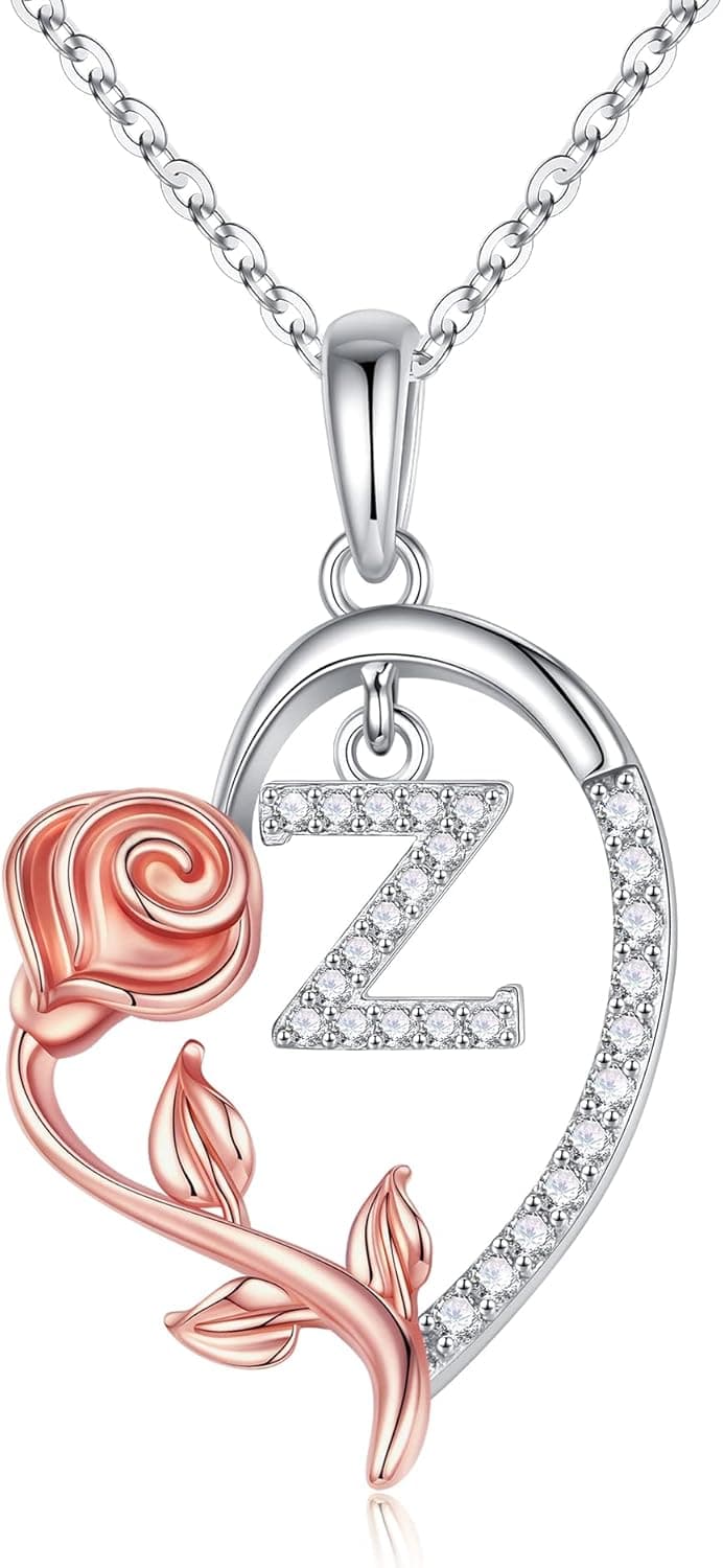 Rose Heart Initial Necklaces for Women Jewelry, 14K Gold Plated Rose Flower Pendant Heart Letter Necklace Initial Necklaces for Women Girls Wife Mom Valentines Christmas Mothers Day Birthday Gifts