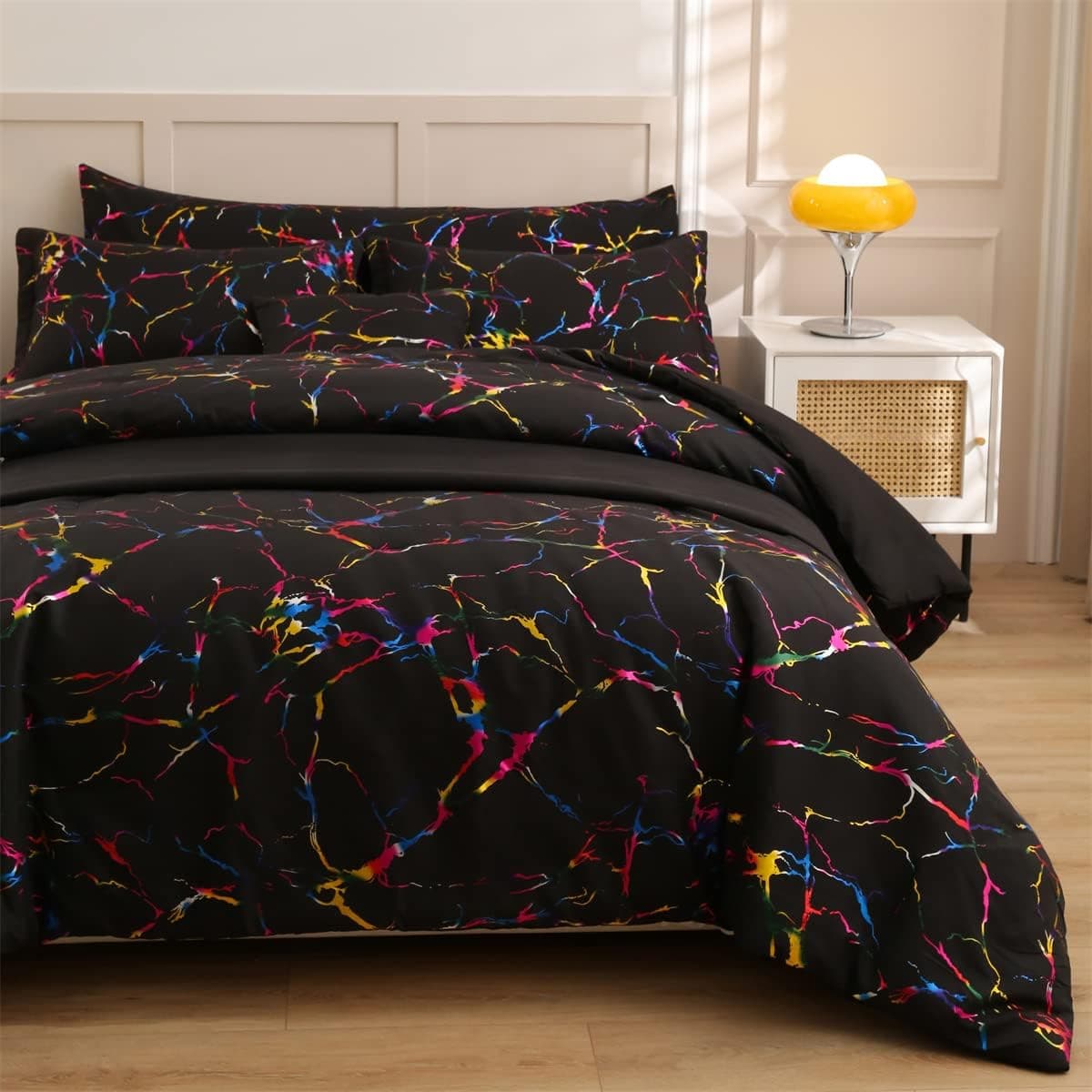 Holawakaka Colorful Metallic Marble Comforter and Sheet Set 7pcs Queen Size Bed-in-A-Bag Glitter Bedding Sets (Multi-Color, Queen)