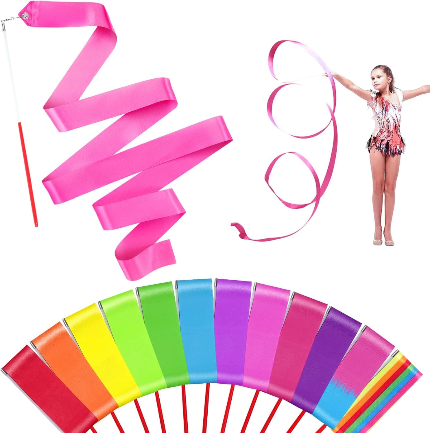 HiUnicorn Rainbow Party Favors Dance Ribbons for Kids Circus Carnival Rhythmic Gymnastics Birthday Party Decoration Supplies, Ribbon Baton Twirling Sticks Silks Streamers Wands for Girls (12PCS (Multi-colors))