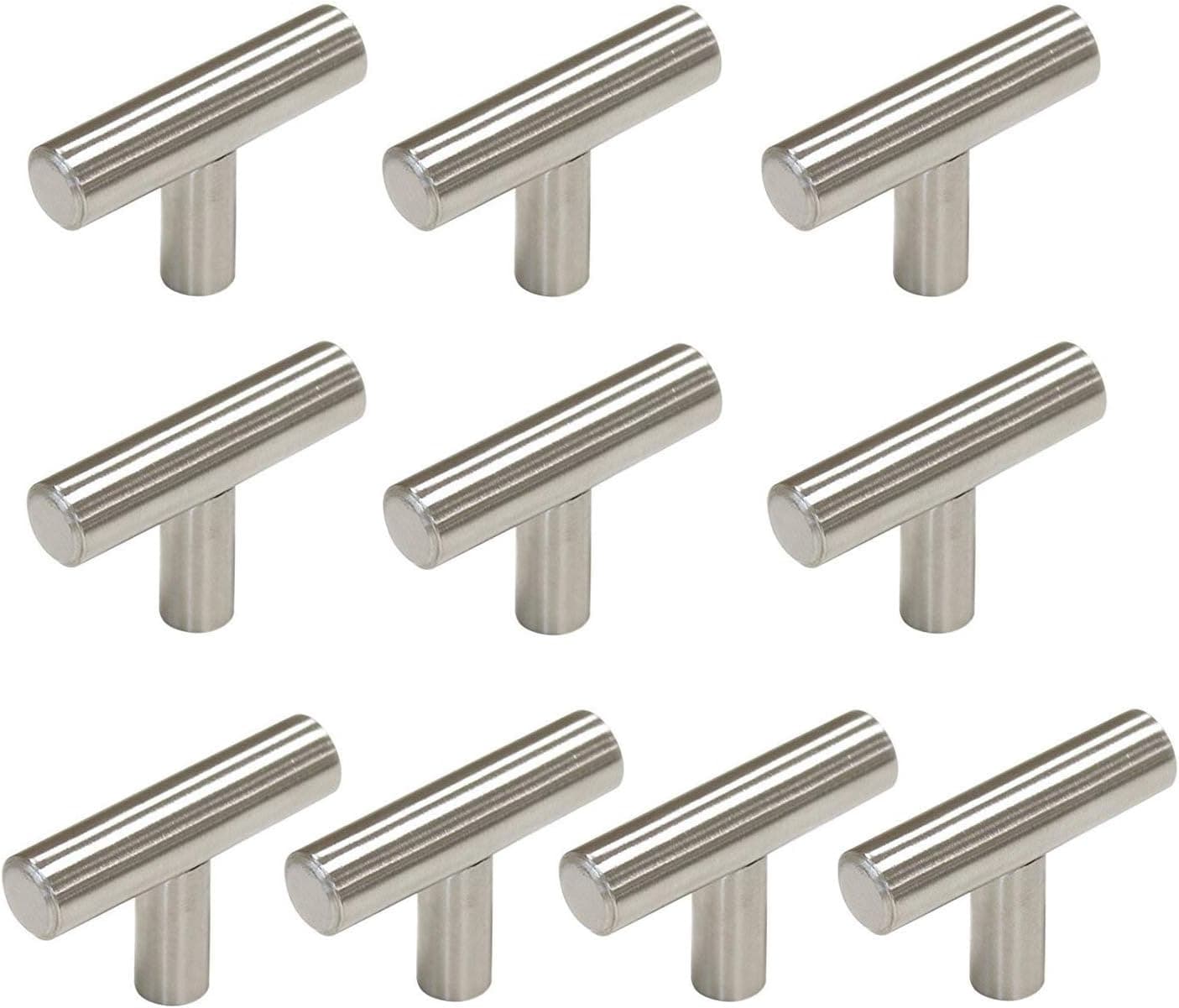 2" T Knob Brushed Nickel Single Hole T Bar Cabinet Knob 10 Pack Modern Euro Style Stainless Steel Kitchen Cabinet Hardware/Drawer Handles (Sigle Hole:Length:2"(50mm))