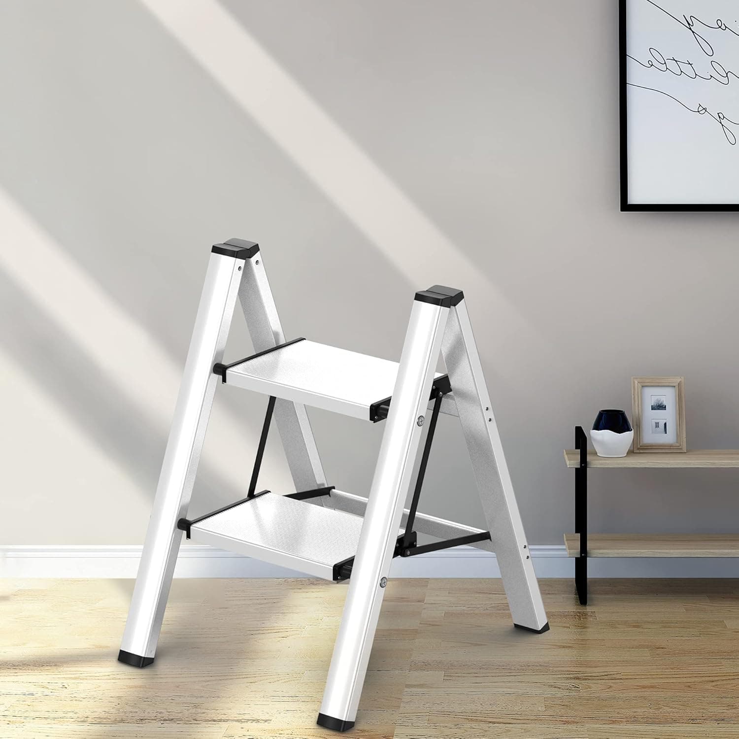 SOLADDER 2 Steps Ladder Anti-Slip Foldable Silver Aluminum Lightweight and Wide Pedal for Home and Kitchen Space Saving, 330lbs