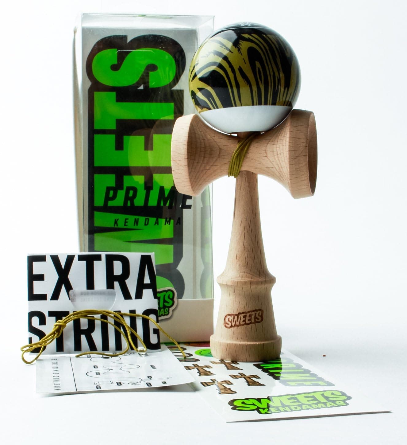 Sweets Kendamas Prime Grain Split 2.0 Kendama, Sticky Paint, Extra String Accessory Gift Bundle (Sandstorm)