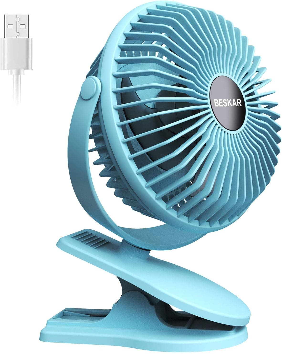 BESKAR USB Powered Clip on Fan- Quiet Stroller Fan with Strong Airflow,3 Speeds Portable Small Fan with Sturdy Clamp,Perfect Personal Cooling Fan for Office Table Bedroom Kitchen- Not Include Battery