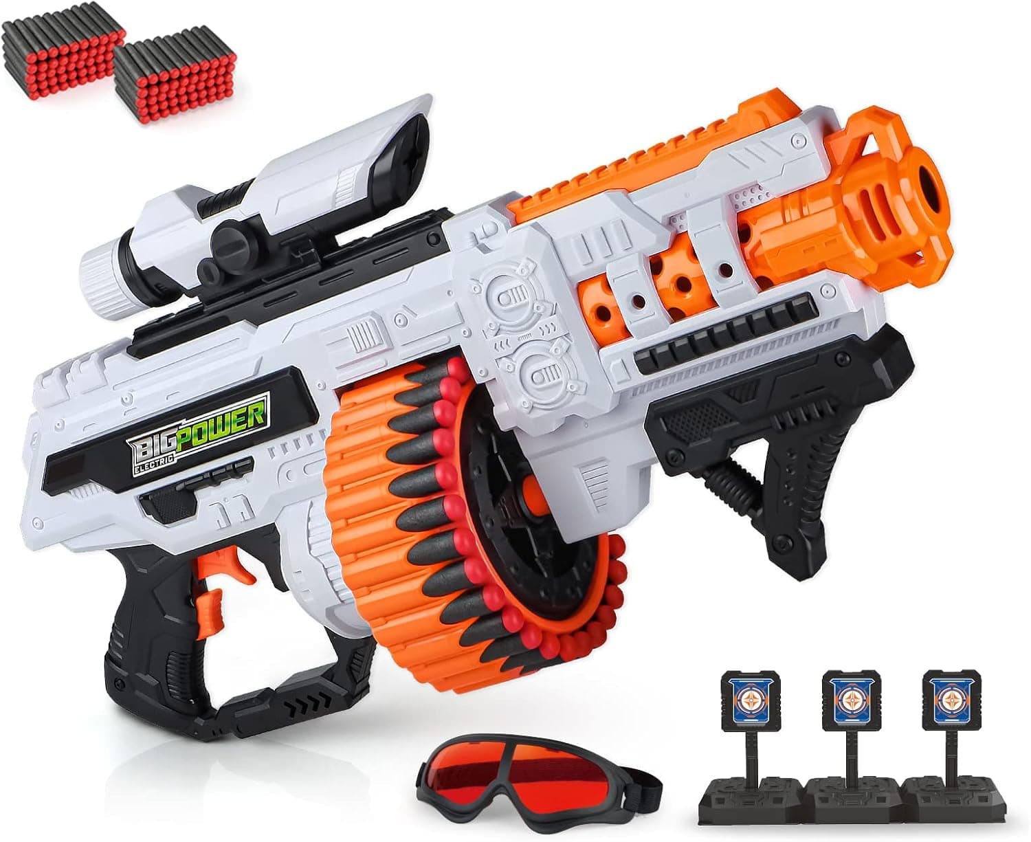 Bigpower Electric Motorized Dart Blaster with 30-Dart Rotating Drum, Fast and Accurate Toy Foam Blaster with 100 Foam Darts Compatible with Primary Brand, for Boys for 8-12+