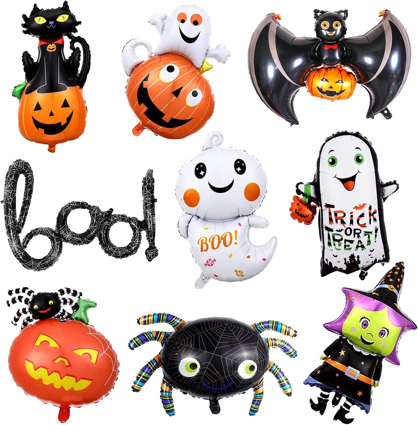 Halloween Balloons Decorations BOO Foil Balloons, Jack O Lantern Pumpkin Ghost Spider Balloon Decor in Orange and Trick or Treat Witch Black Cute Kids Party Supplies for Happy Halloween Party Helium Balloons Set 9PCS