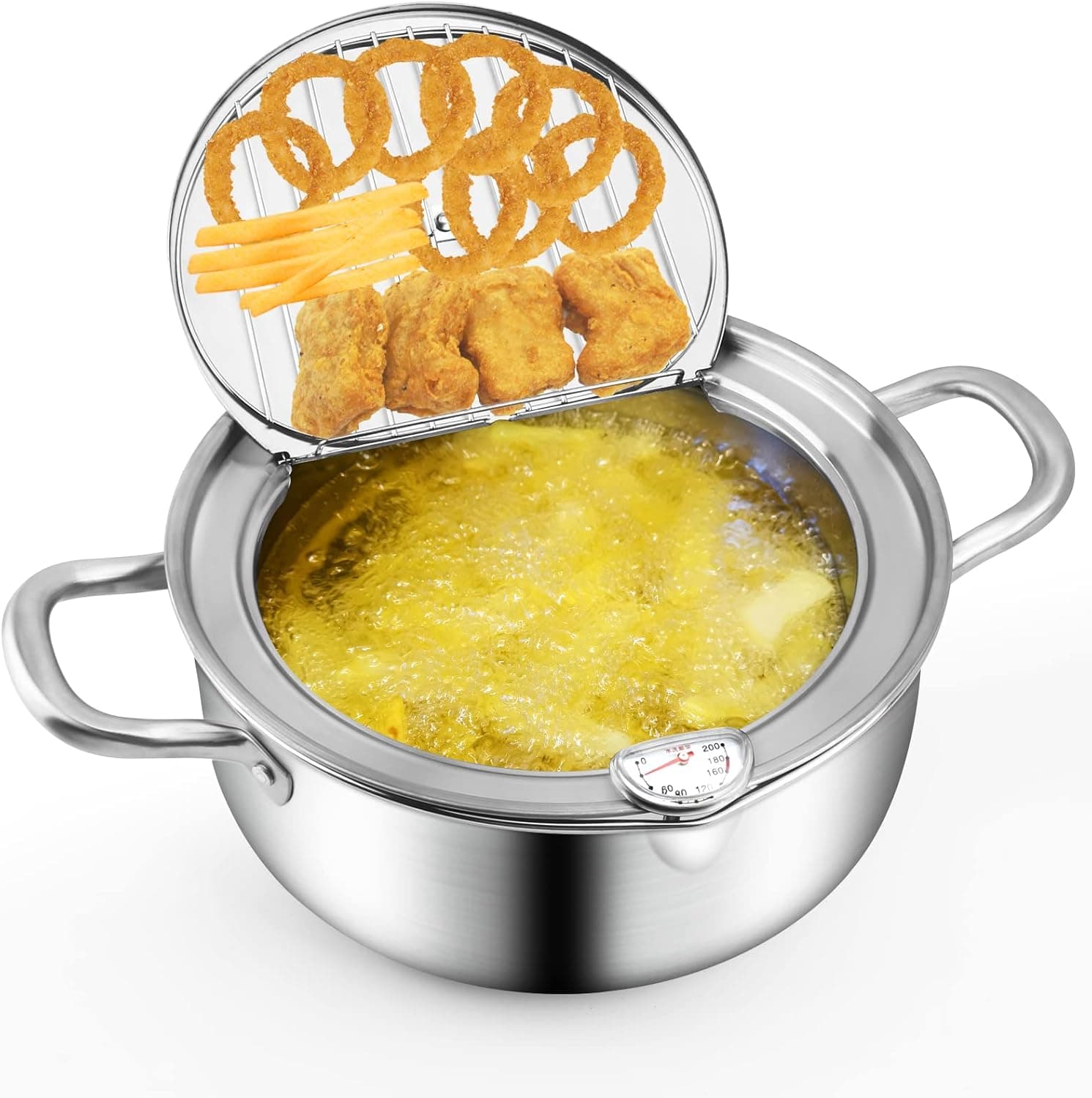 Yummy Sam Deep Fryer Pot,304 Stainless Steel Japanese Style Tempura Deep Fryer Pot With Thermometer Lid And Oil Drip Drainer Rack
