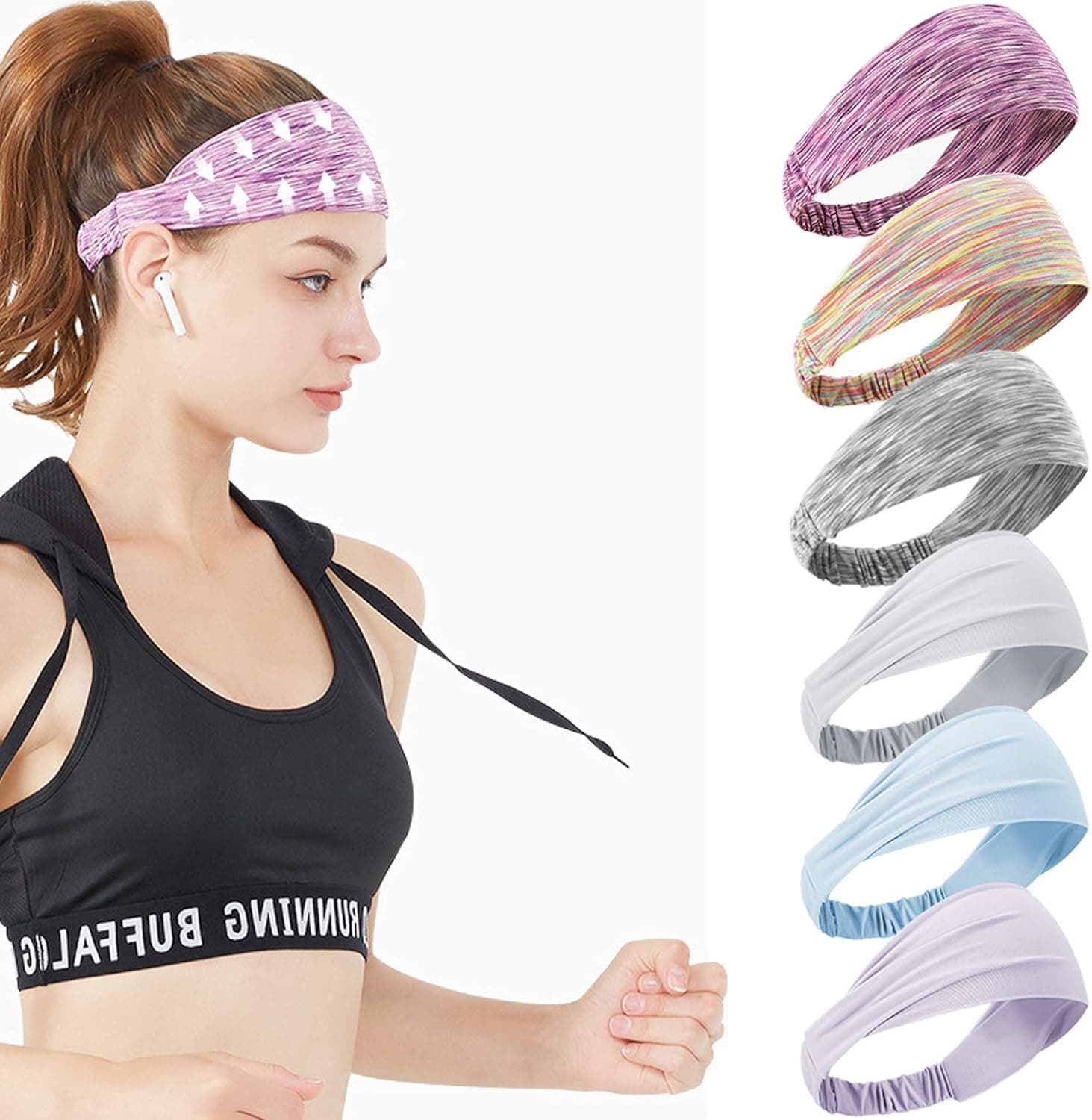 KOMOREBI Yoga Headbands for Women,Running Workout Fitness Elastic Wide Hair Bands,Stretchy Sweatband Vintage Hair Accessories(Pack of 6)