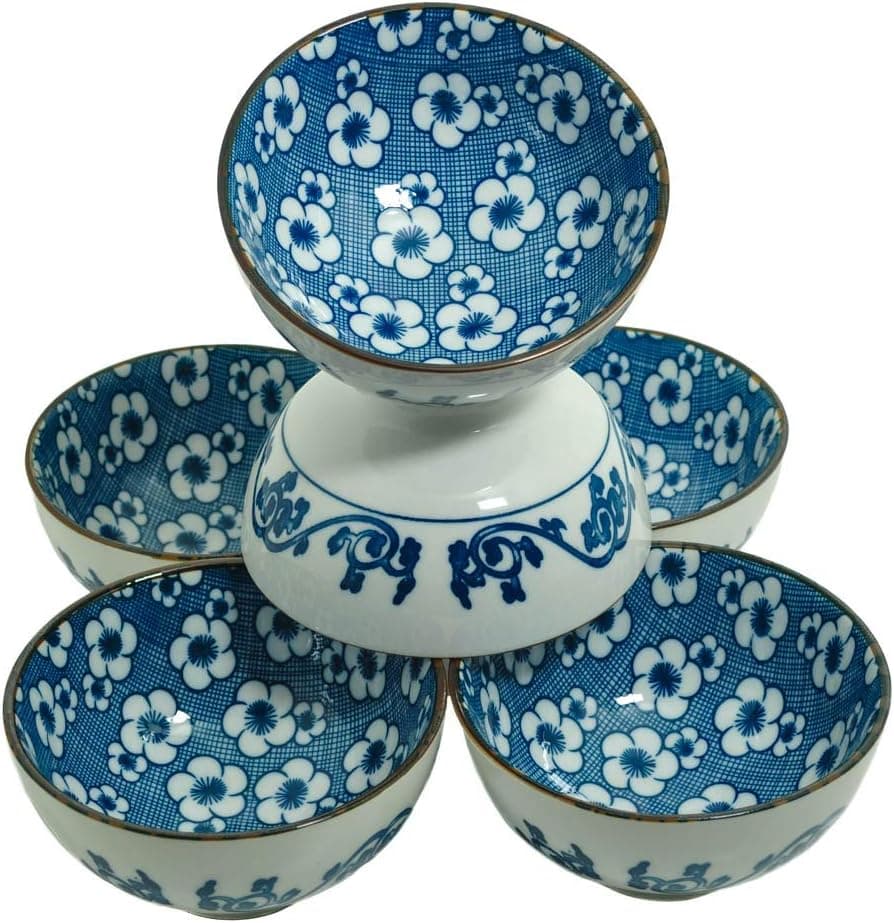 M.V. Trading NS2005 Japanese Blue and White Rice Bowls Design, 8-Ounces, 4½-Inches, Set of 6