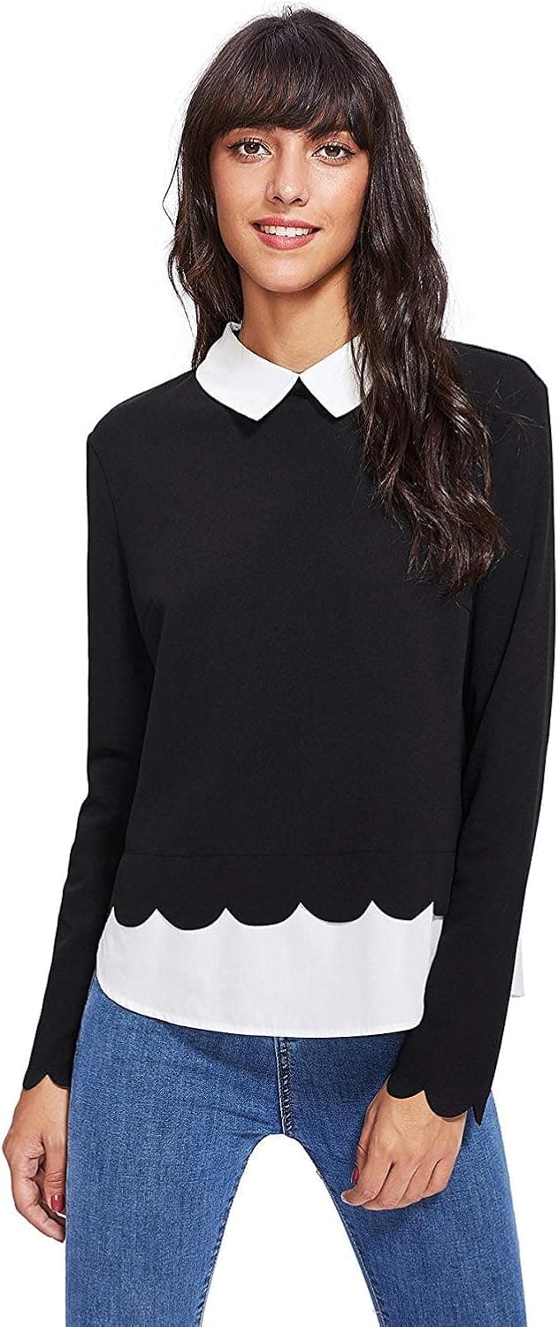 Floerns Women's Contrast Collar Hem Long Sleeve Blouse Top