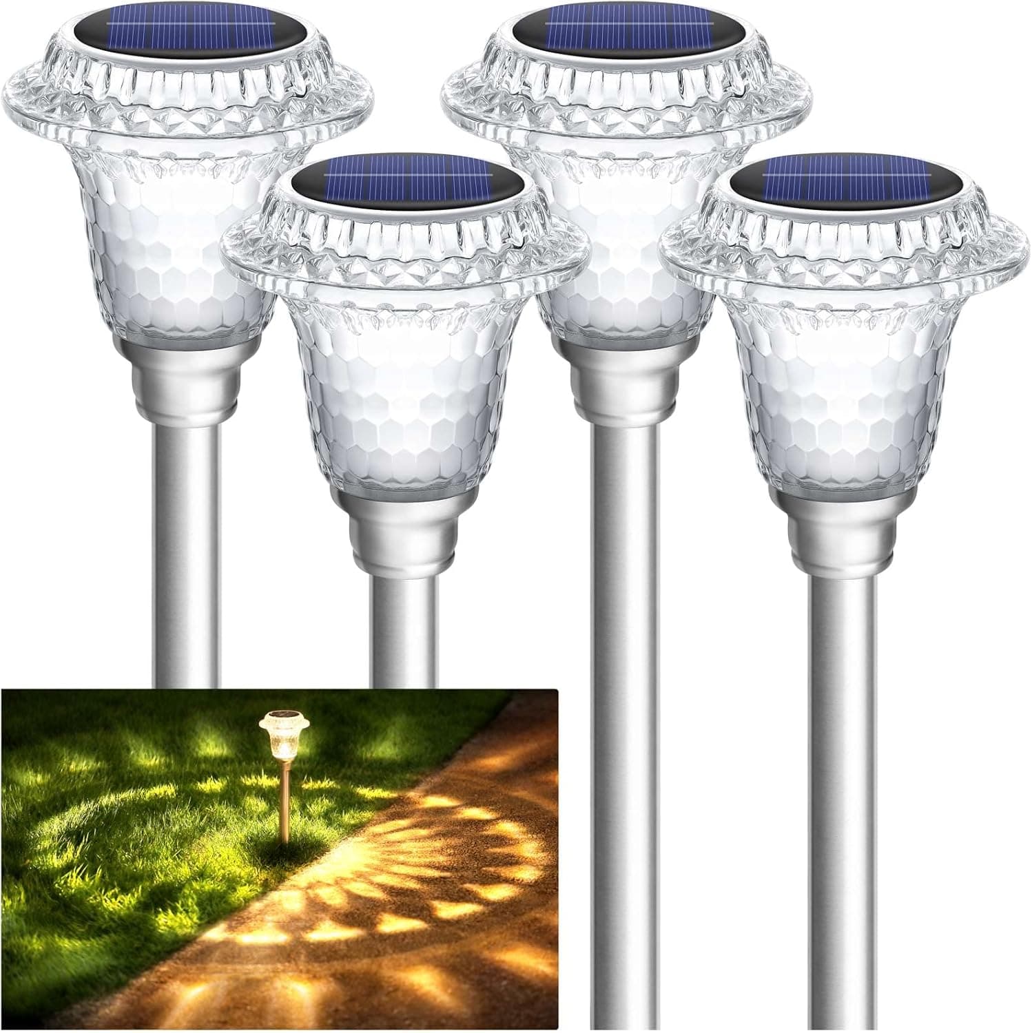DenicMic Solar Outdoor Lights 4 Pack Garden Pathway Lights LED Landscape Lights Waterproof Stainless Steel Glass Yard Stake Walkway Lighting for Sidewalk, Driveway, Lawn, Patio (Warm White)