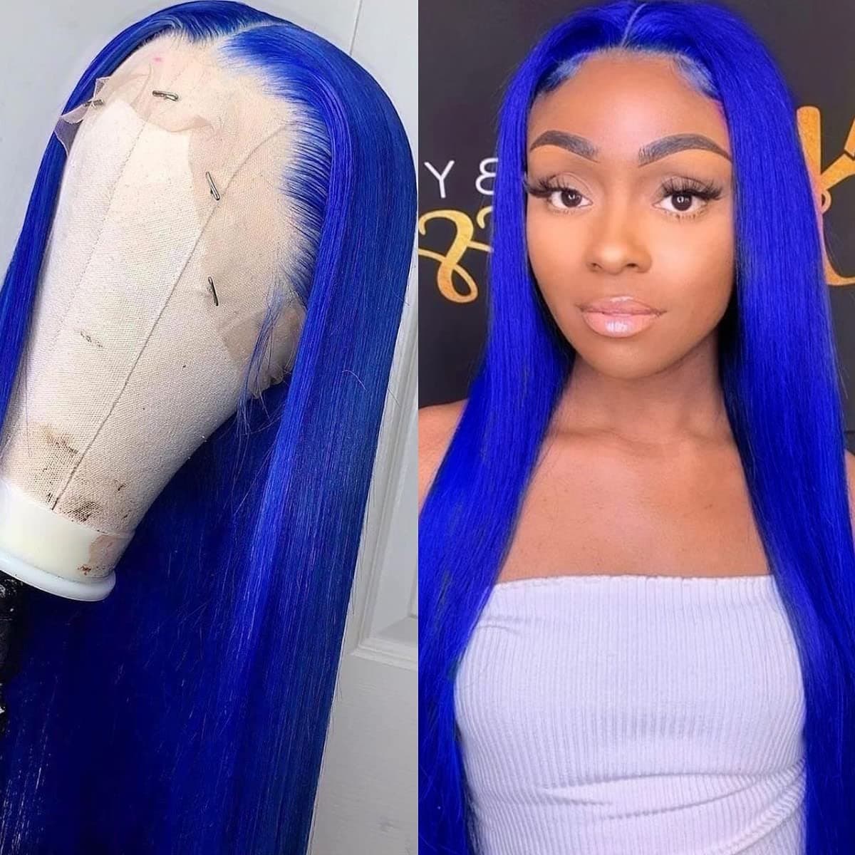 Blue Long Straight T Part Lace Front Wigs Heat Resistant Fiber Hair Synthetic Lace Front Wigs For Women (Blue)