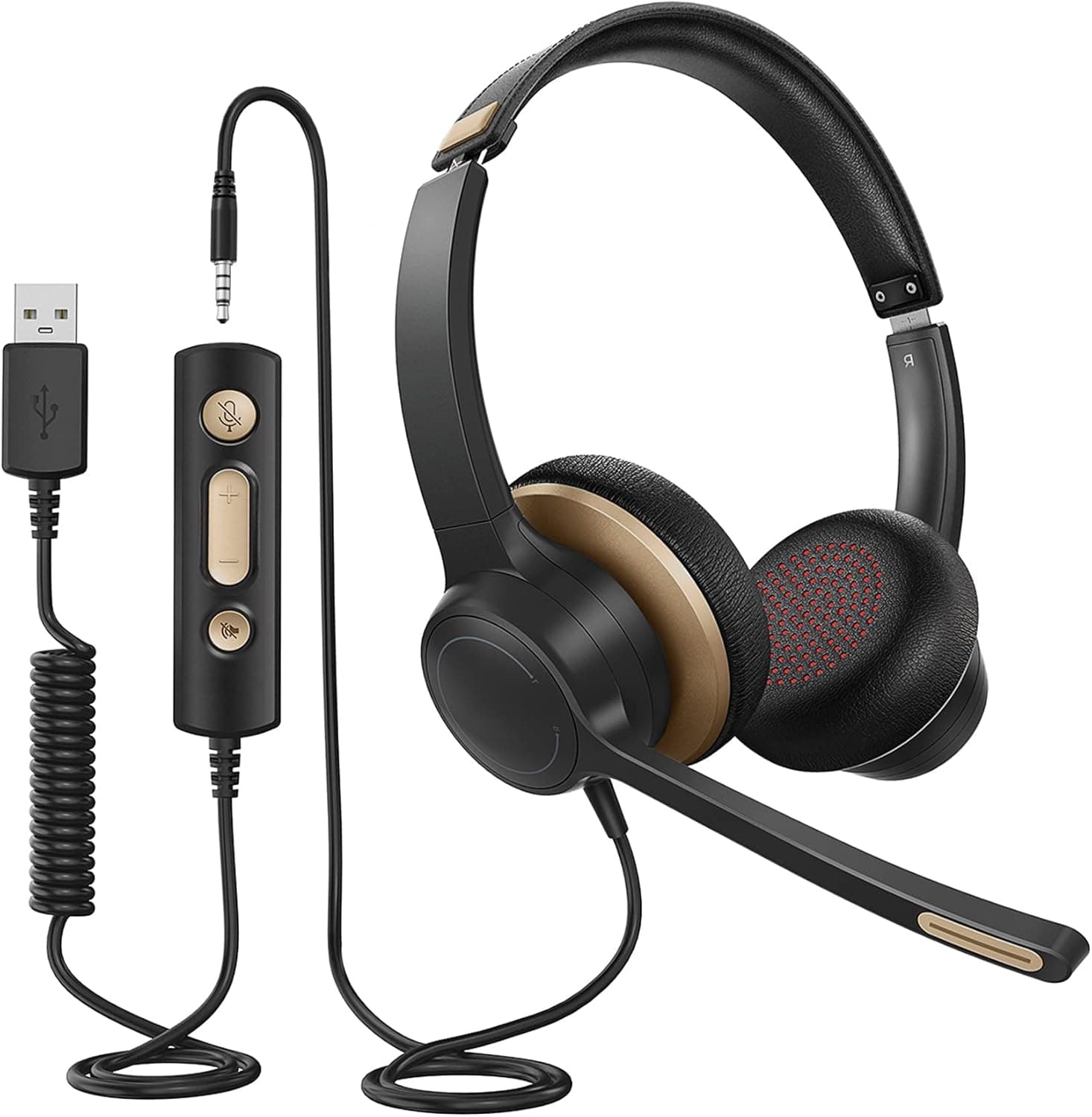 Noise Canceling USB Headset, Ultra Comfort USB Headset with Rotatable Mic & in-line Control, 3.5 mm & USB Headphones Microphone, Headset with Microphone for Laptop PC Call Center Home Skype - Gold