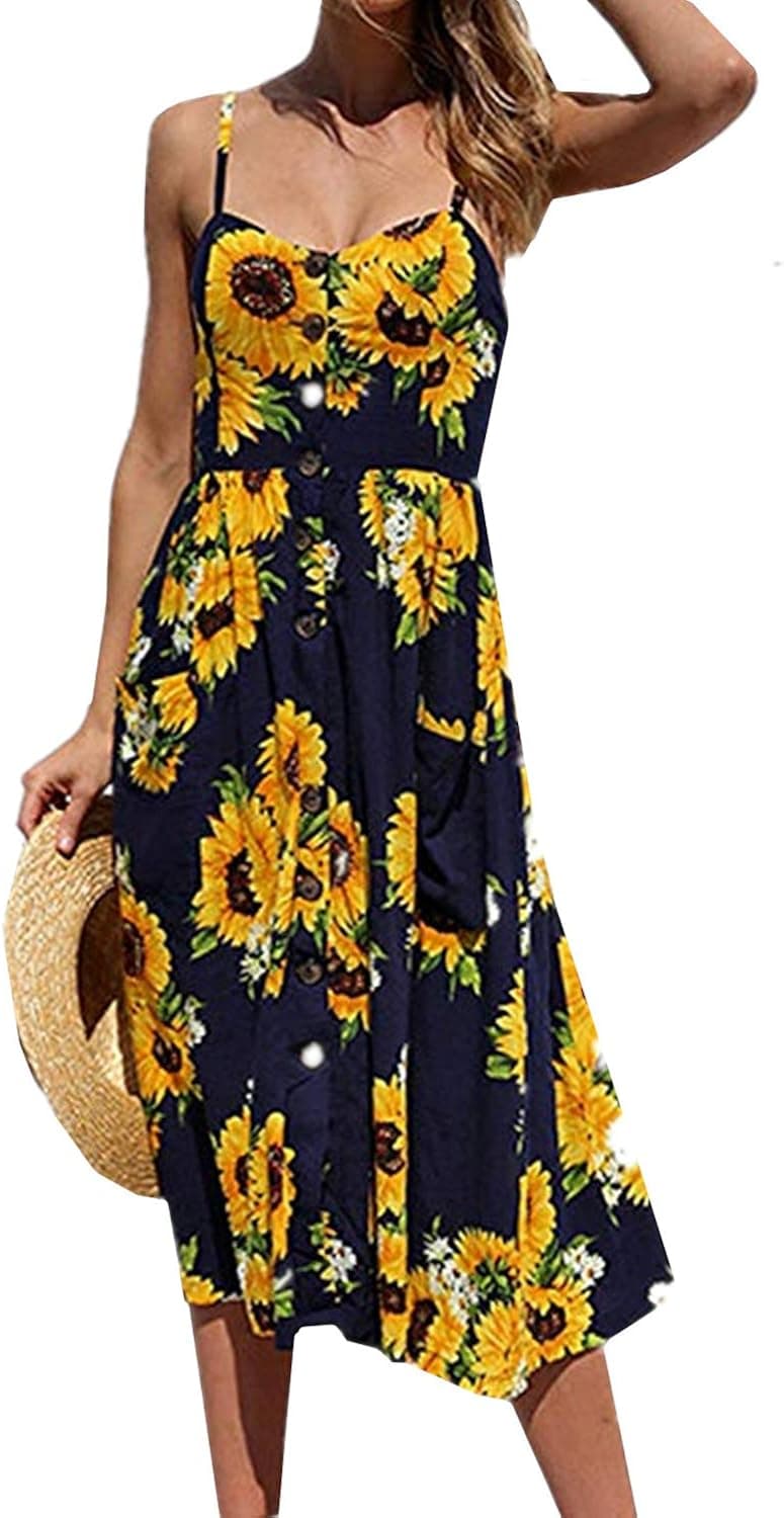 Women's Dresses Summer Navy Floral Spaghetti Strap Button Down Midi Dress with Pocket, Size XL