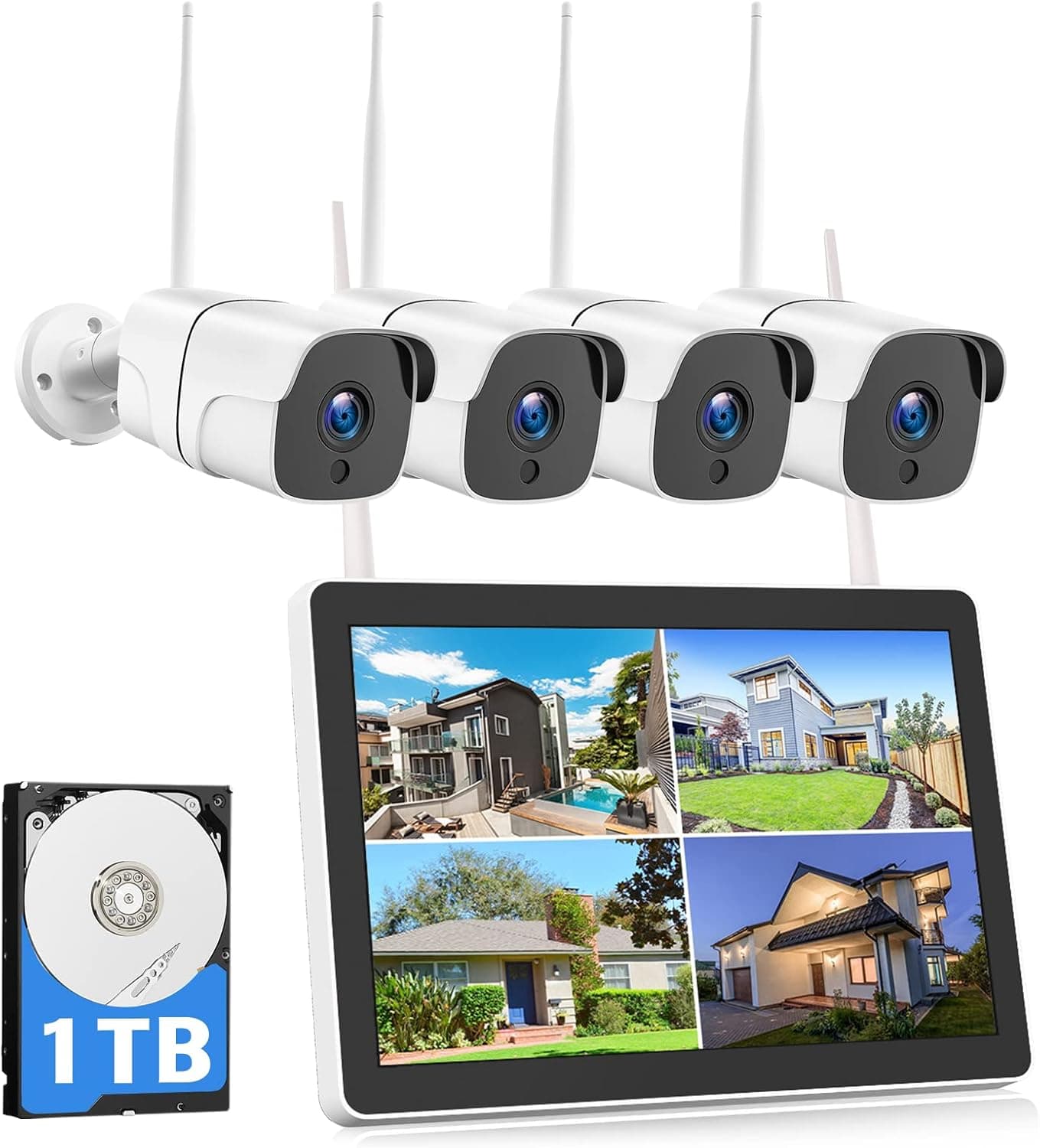 Camland All in One 1080P Wireless Security Camera System with 1TB Hard Drive & 12inch Monitor, 8CH NVR Video 4pcs 2.0MP Outdoor Home Surveillance IP Cameras Night Vision Motion Detection