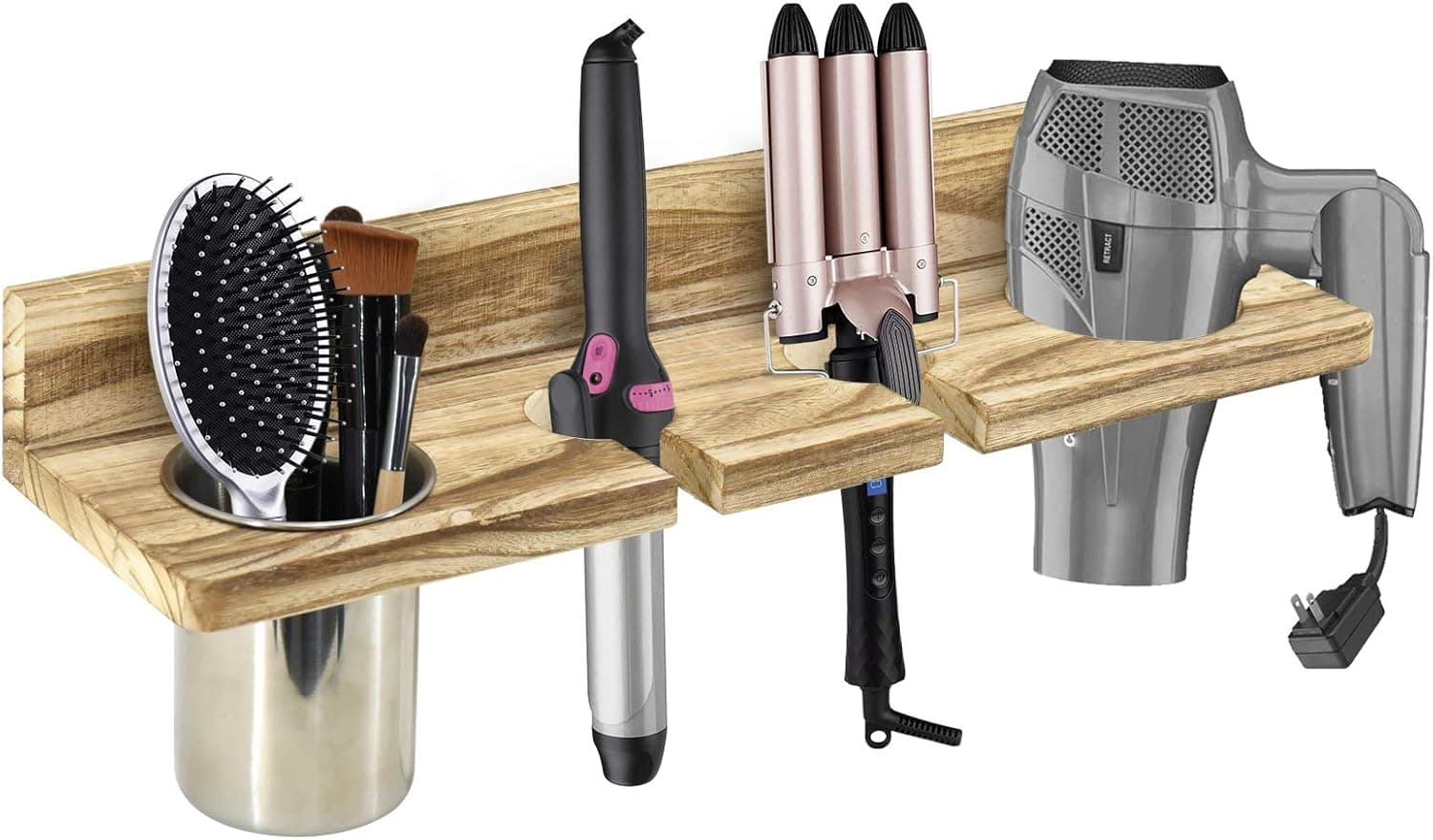 Bathroom Wall Mount Hair Dryer Holder Hair Care & Styling Tool Organizer, Farmhouse Wooden Beauty Hair Appliance Holder for Flat Iron, Curling Wand, Hair Straighteners, Brushes,Light Brown