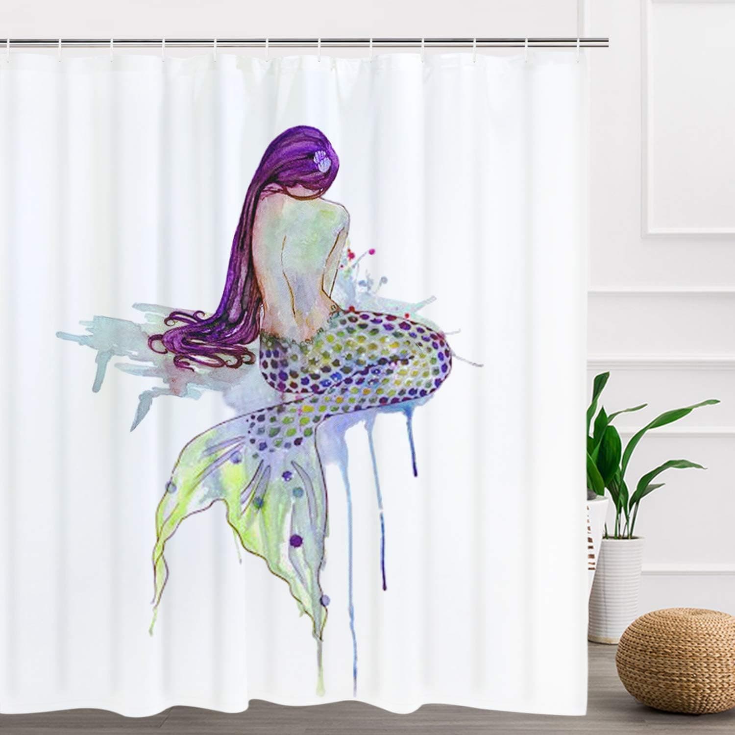 Smurfs Yingda The Back of Mermaid Shower Curtain with 12 Hooks, Watercolour Painting Waterproof Shower Curtain for Bathroom