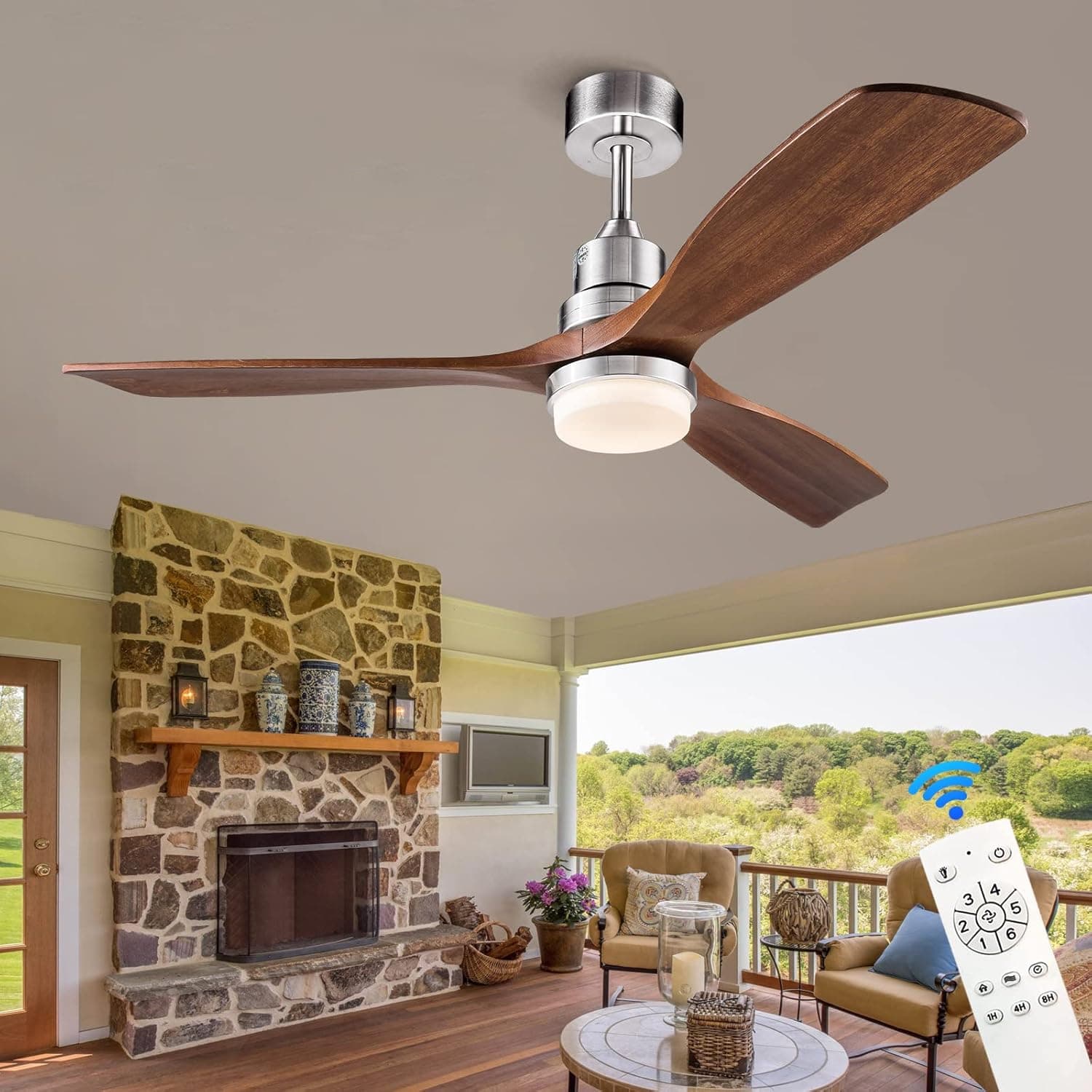 BOJUE 52” wood Ceiling fans with lights,Indoor Outdoor Black Ceiling with 3 Blade Fan and 3 Down-rods Reversible DC Motor for Patio, Living Room,Bedroom,Office,Summer House,Etc