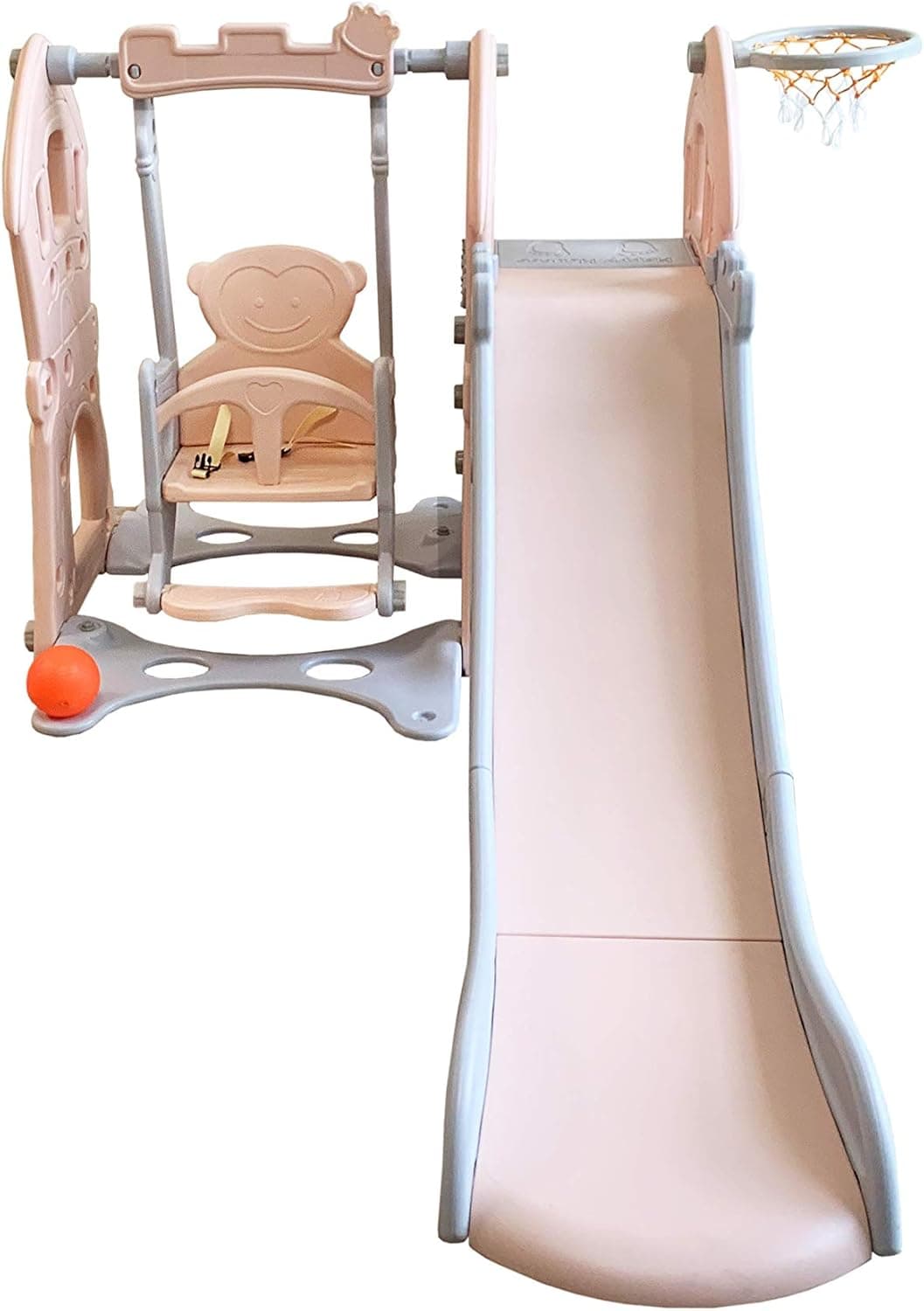 Ezone Climber and Swing Set for Kids, 3 in 1 Climber Slide Playset with Basketball Hoop, Plastic Play Slide Climbing Ride and Sturdy Swing for Kids Ages 1 and Up (Pink)