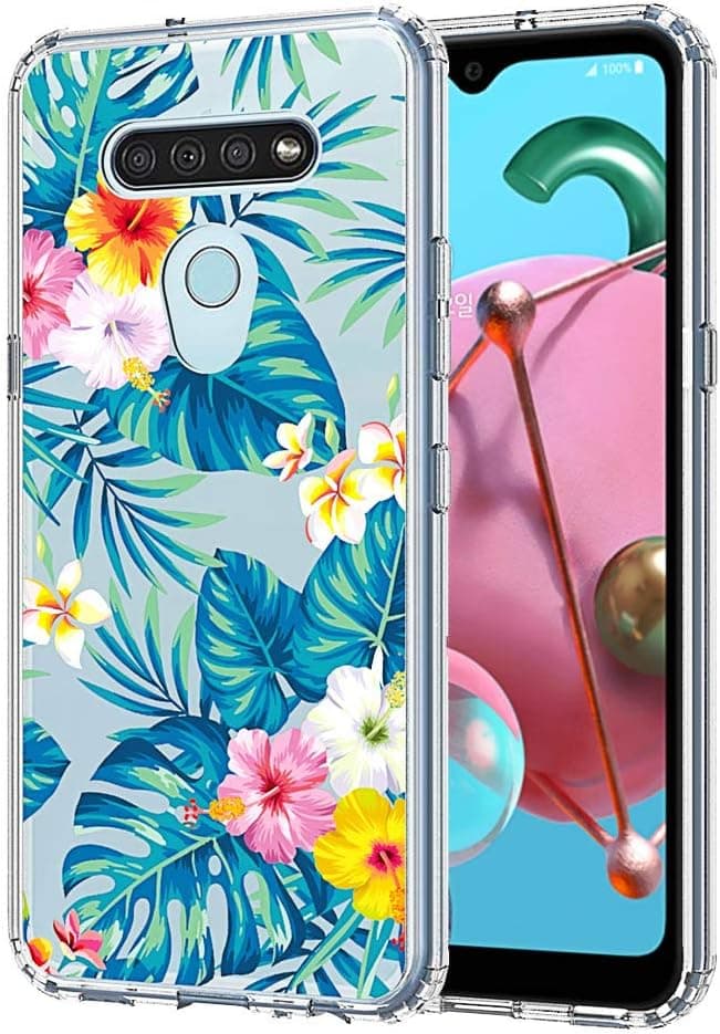 JanCalm Clear Flower Design Cover for Girls Women,Transparent Rugged Back with Soft TPU Bumper Hybrid Shockproof Protective Slim & Thin Designed for LG K51 Case 2020 (Green/Floral)