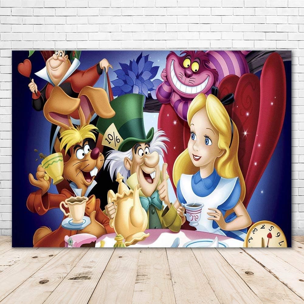 Alice in Wonderland Cartoon Backdrop 7x5ft Vinyl Photoraphy Background Tea Party Table Decor Princess Alice Photo Backdrop for One Year Old Birthday Party