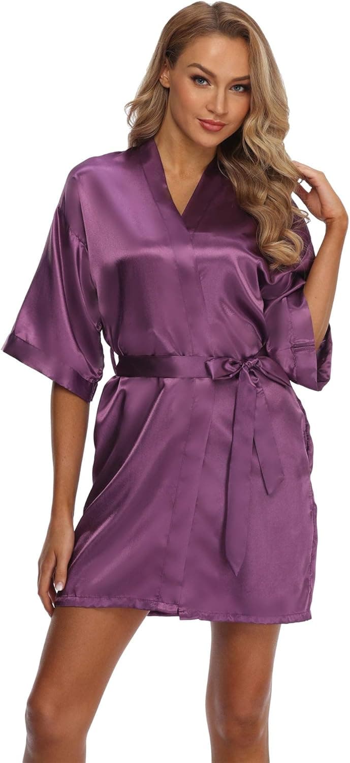 Vogue Bridal Women's Short Kimono Robe Solid Color Silk Bathrobe Satin Sleepwear for Wedding Party