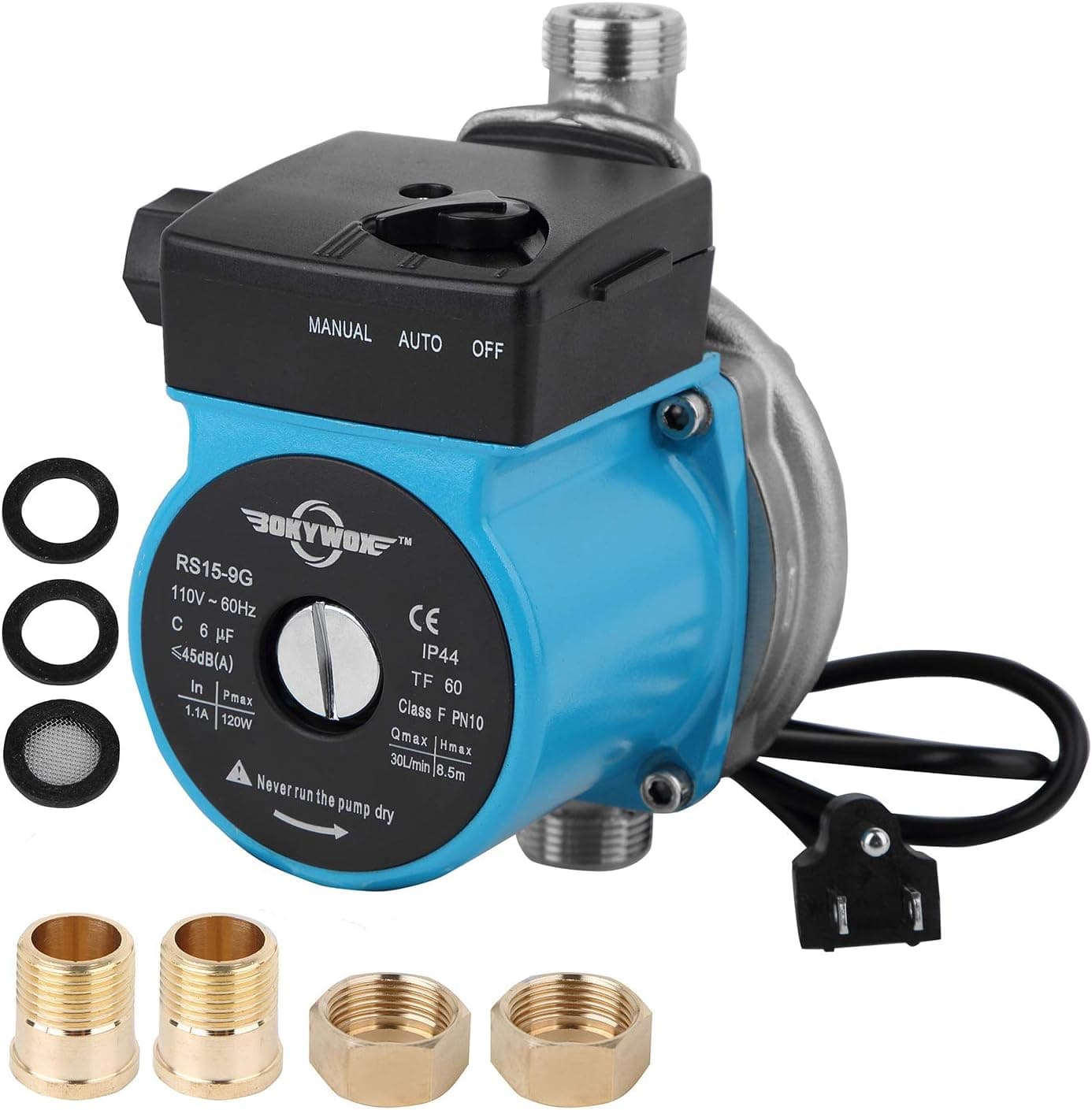 BOKYWOX 110V Food Grade Automatic Domestic Booster Pump NPT 3/4'' 120W Circulate Boost Pressure Water Pump for Solar Heater/Faucet Stainless Steel 304(RS15-9 SB)