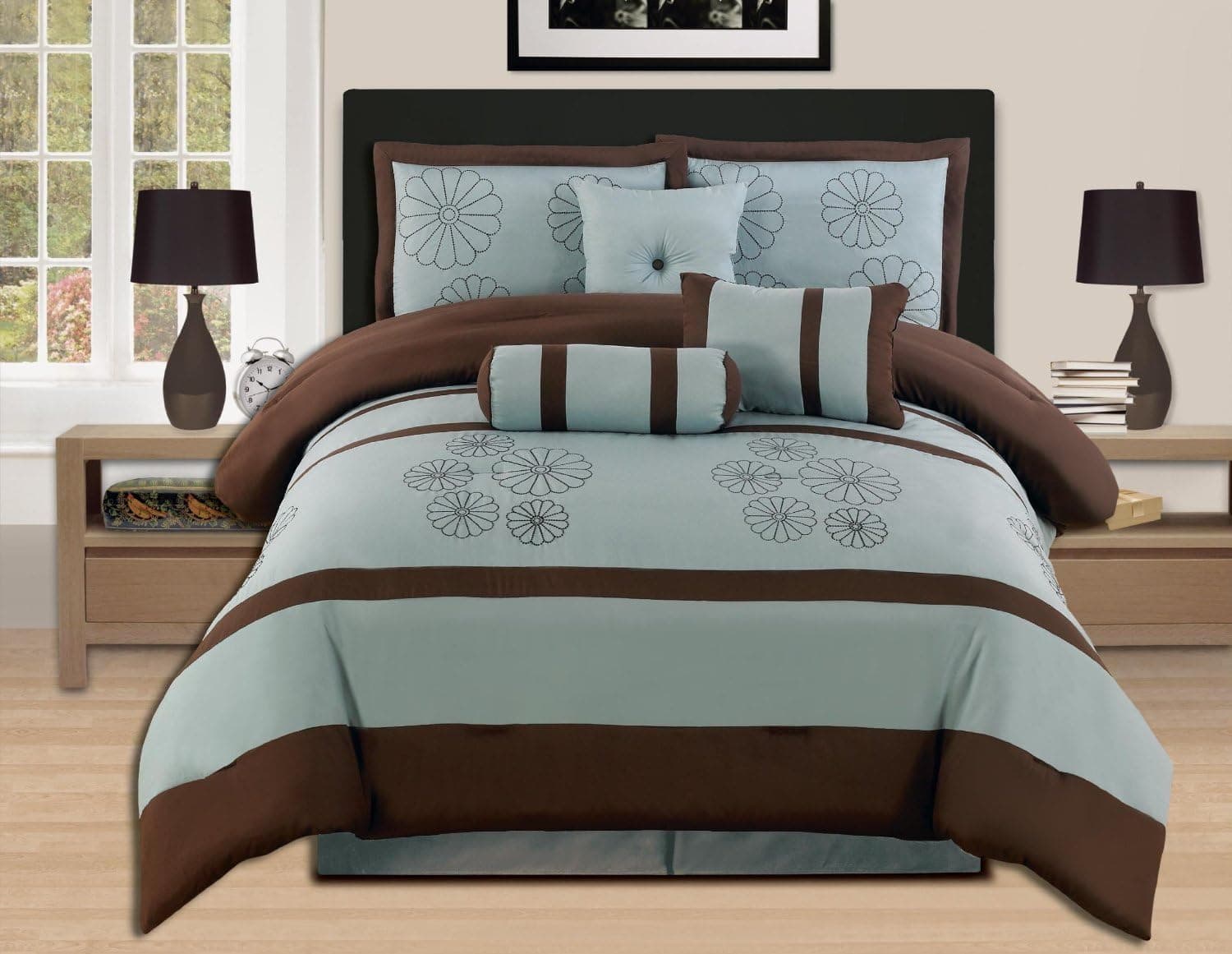 AHF Embroidered Queen 7-Piece Comforter Set with Bag, Aqua/Brown by WPM/AHF
