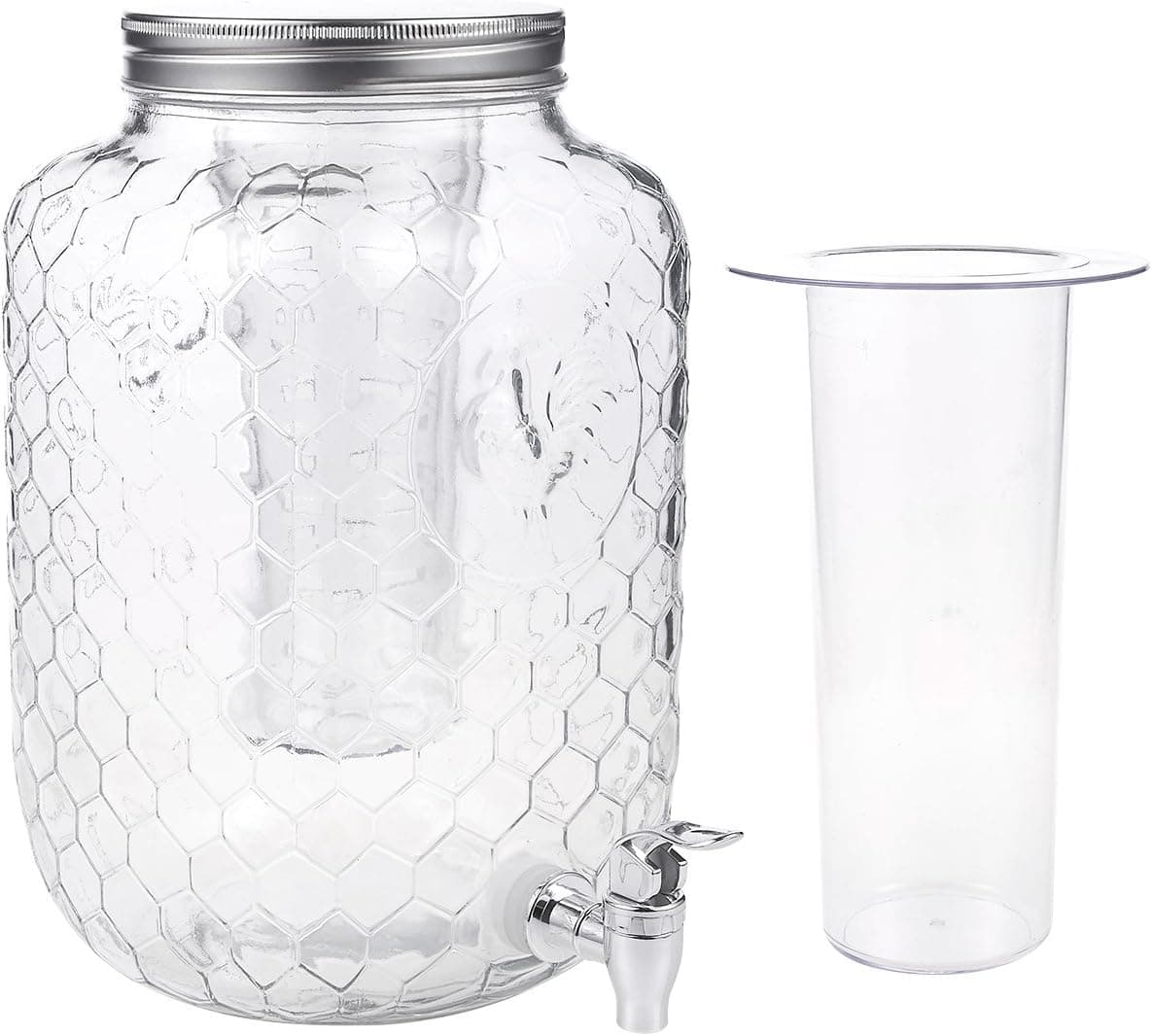 8 Liter/ 2 Gallon Mason Jar Drink Dispenser - Glass Beverage Dispenser with Spigot, Twist Lid, 1 Infuser Tube, and 1 Ice Tube