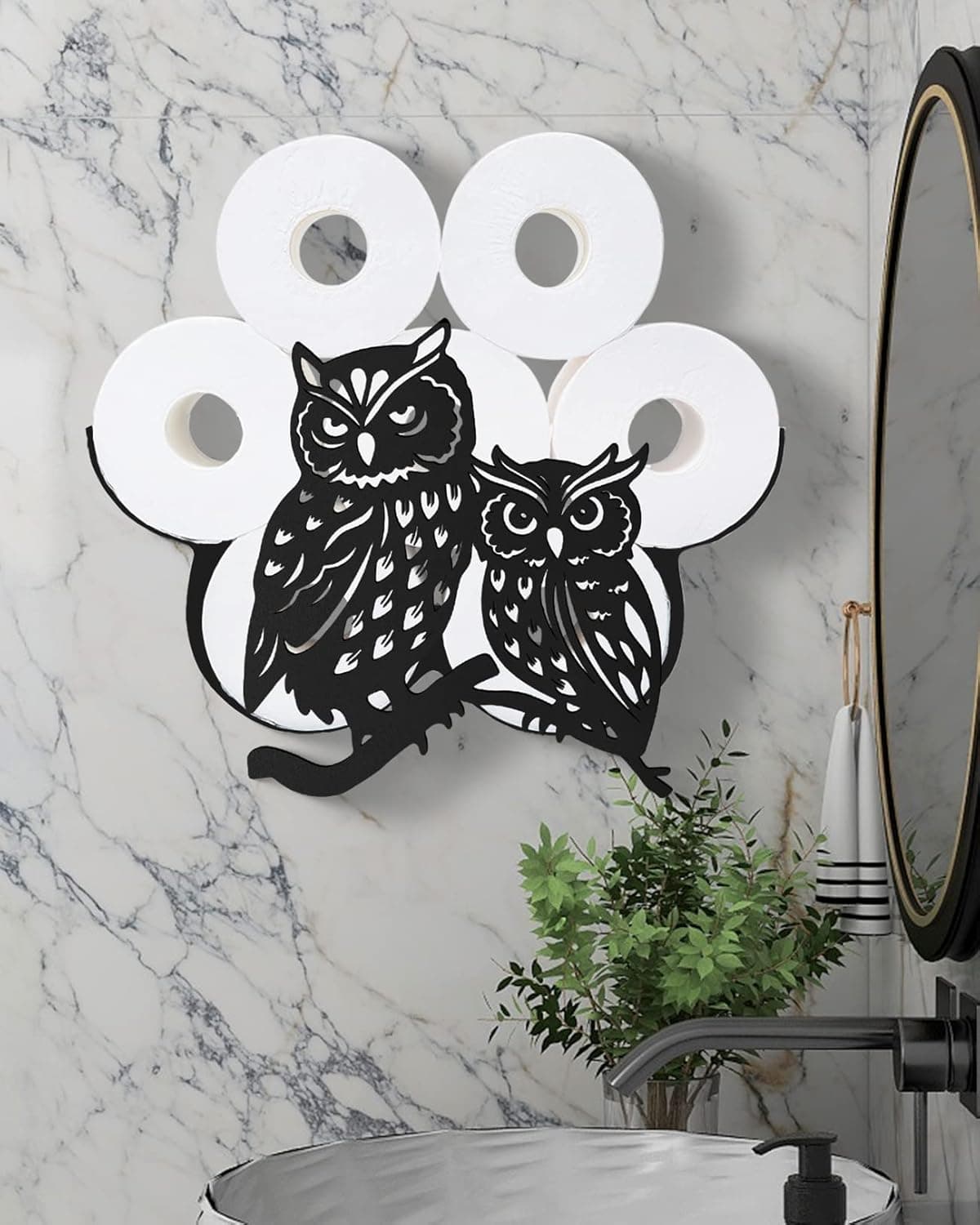 Couple Owl Toilet Paper Holder Decorative, Bathroom Animal Wall Mounted Toilet Paper Storage, Farmhouse Metal Toilet Paper Organizer for Extra 8 Rolls Wall Art Decor