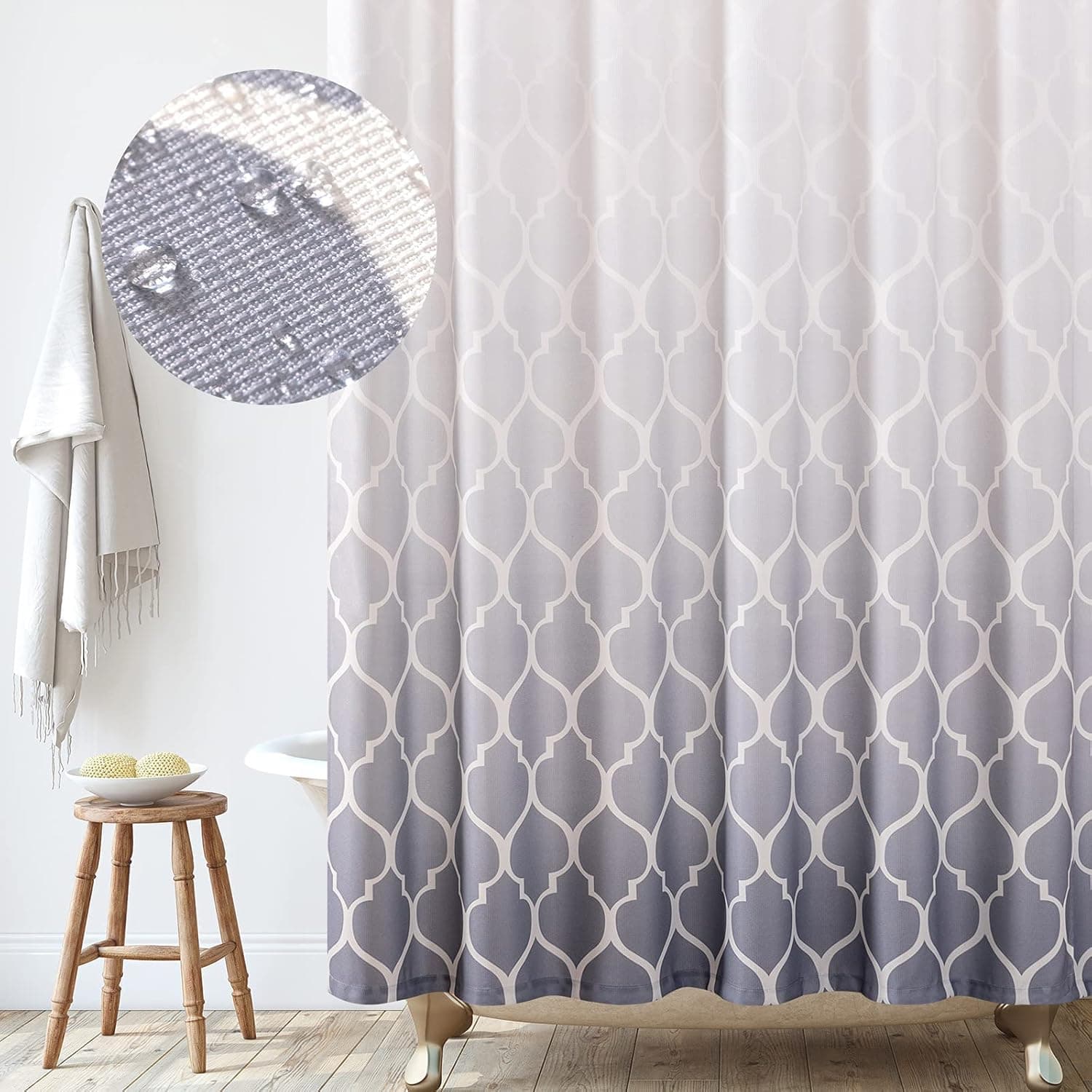 jinchan Grey Shower Curtains Fabric Shower Curtain Set for Bathroom Decor Moroccan Tile Lilac Ombre Bath Curtains Water Resistant Quatrefoil Pattern 70x72 Inch with Curtain Hooks Gradual Color Design