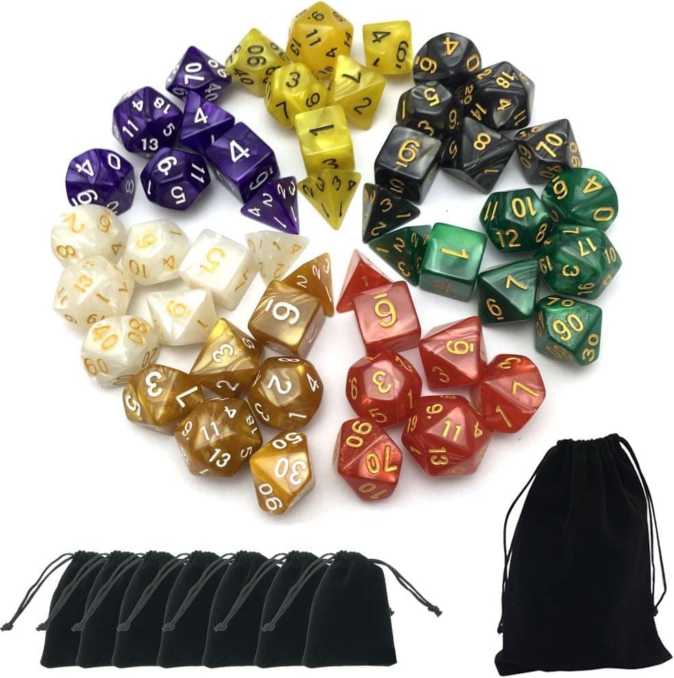 SmartDealsPro 7 x 7-Die Pearl Polyhedral Dice Sets with Drawstring Pouches for Dungeons and Dragons DND RPG MTG Table Games D4 D6 D8 D10 D% D12 D20