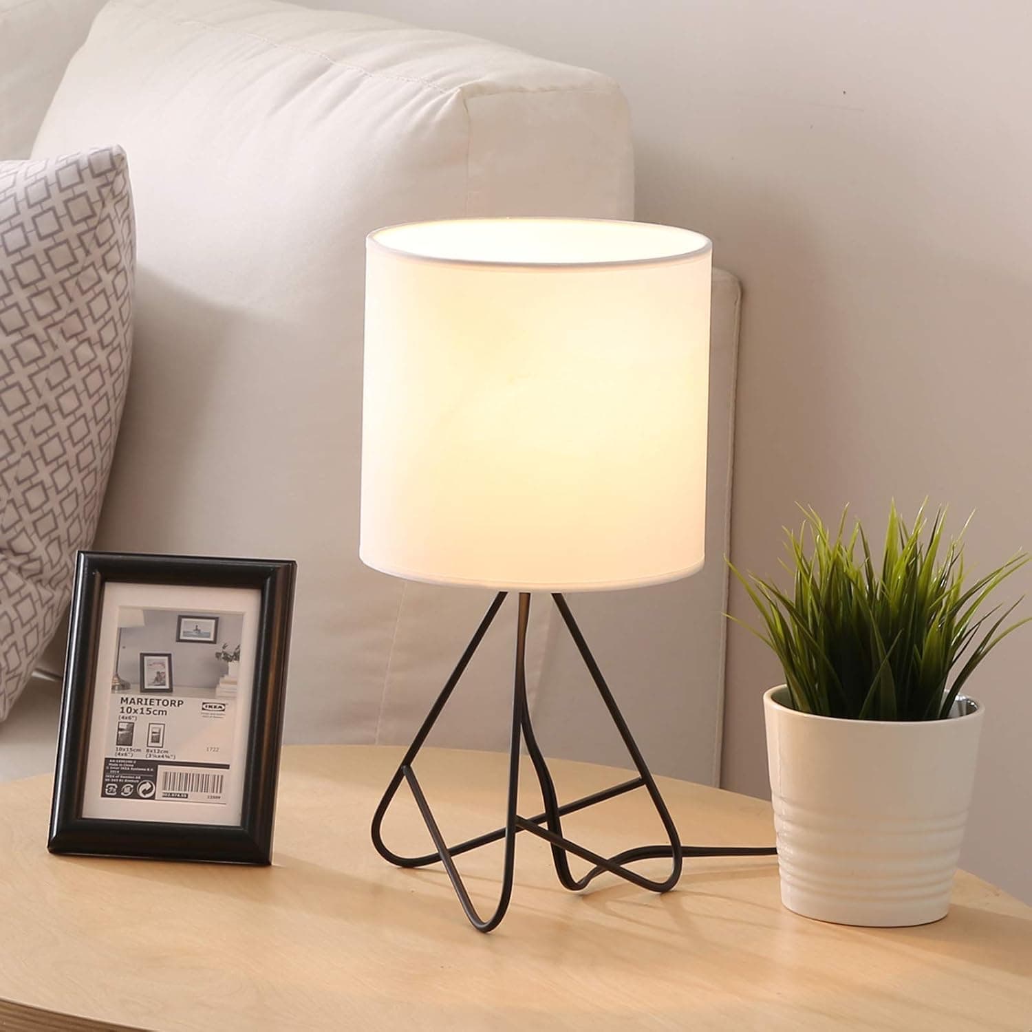 COTULIN Modern Black Metal Small Table Lamp,Simple Bedside Lamp with White Fabric Shade for Bedroom Nightstand,Tripod Desk Lamp for Living Room Study Office