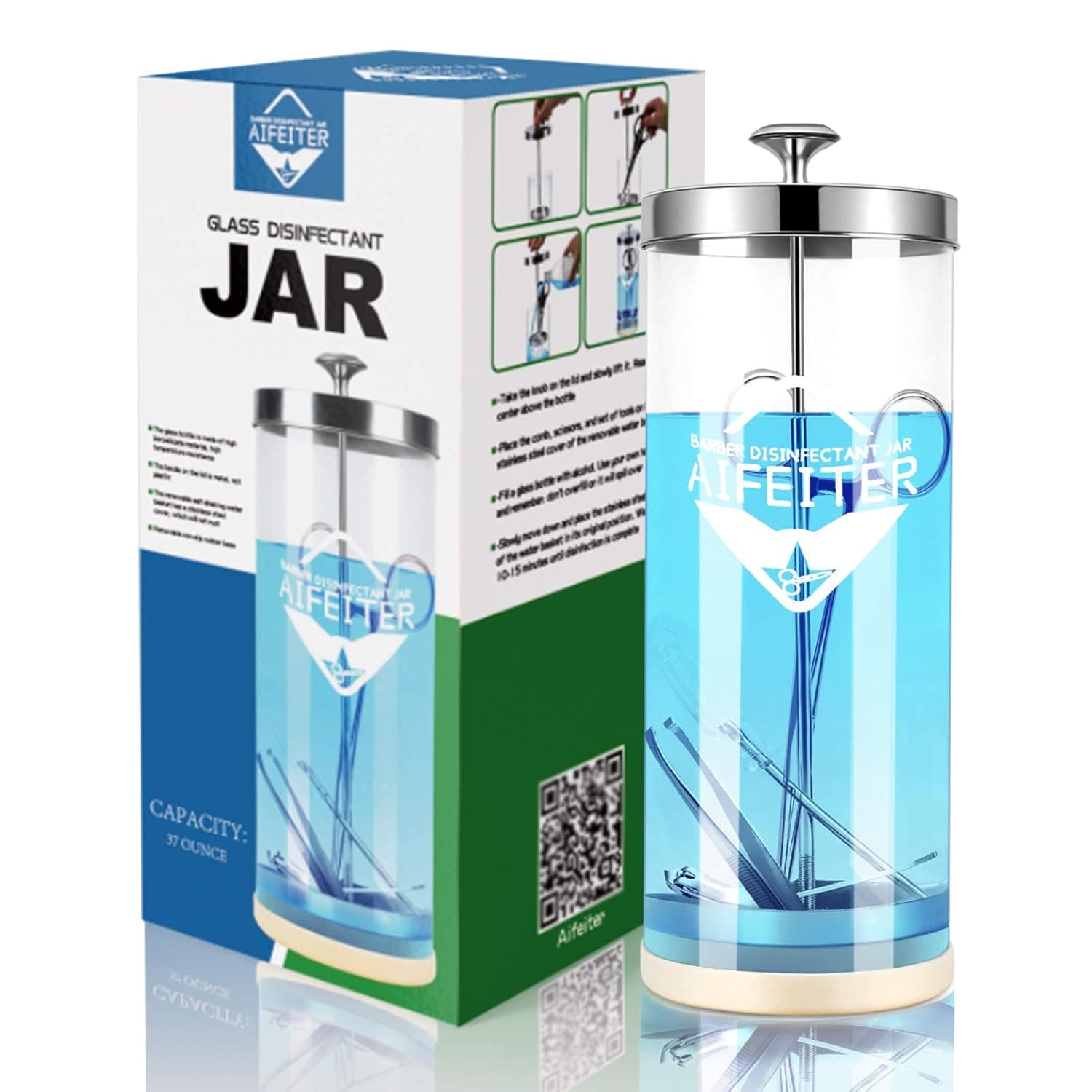 Disinfectant Jar(Glass thickened style)-Midsize Salon Barber Disinfecting Jar.42 Oz Sterilizing Jar.With Removable Straining Tray.for Nail Tools and Barber Supplies Salon Jar&Spa Implements
