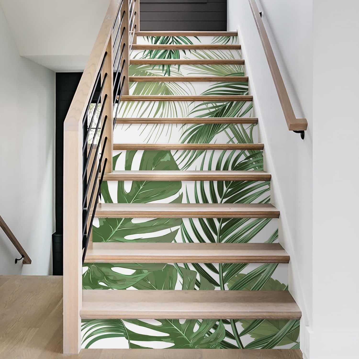 funlife 14Pcs Plant Leaves Peel and Stick Vinyl Stair Riser Decals, Self-Adhesive Staircase Stickers, 39.37"x7.09" Sage Tropical Plants