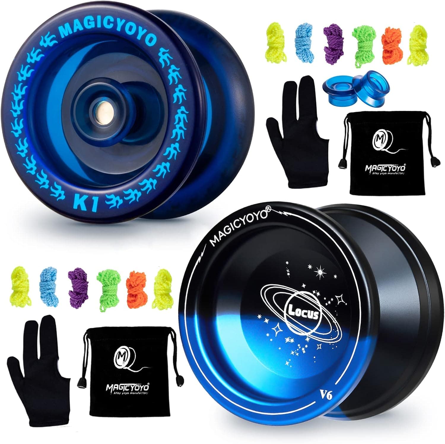 Pack of 2 Responsive YoYos Plastic Yoyo K1 Blue and Aluminium Alloy Yoyo V6 Black Blue with 2 Yoyo Sacks + 12 Strings and 2 Yo-Yo Gloves Gift