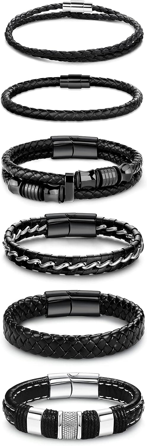 THUNARAZ 6 Pcs Black Leather Bracelets for Men Women Braided Leather Bracelets Mens Cuff Bracelets With Stainless Steel Clasp Wristband Bracelets Set Men Jewelry Gift 8.0-9.0 Inch