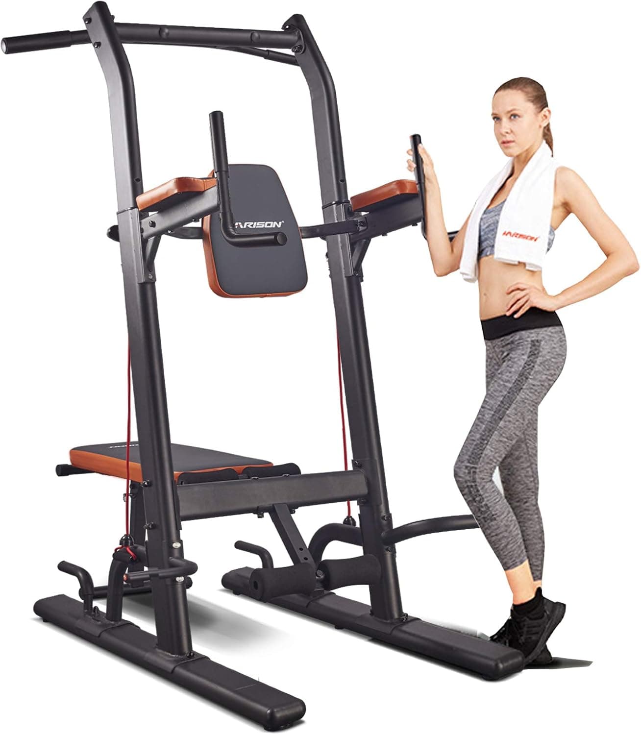 Power Tower with Bench Height Adjustable Pull Up Bar Dip Station Strength Training Workout Equipment for Home Gym