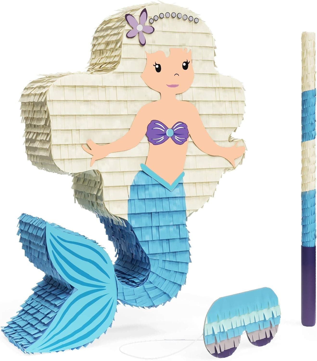FRENZ Mermaid Pinata Bundle - Perfect for Girls' Mermaid Themed Birthday Parties Includes Blindfold and Bat Can Hold Up to 2 lbs of Candy Handmade Extra Small Sized Pinata (17 x 12 x 3.5 Inches)