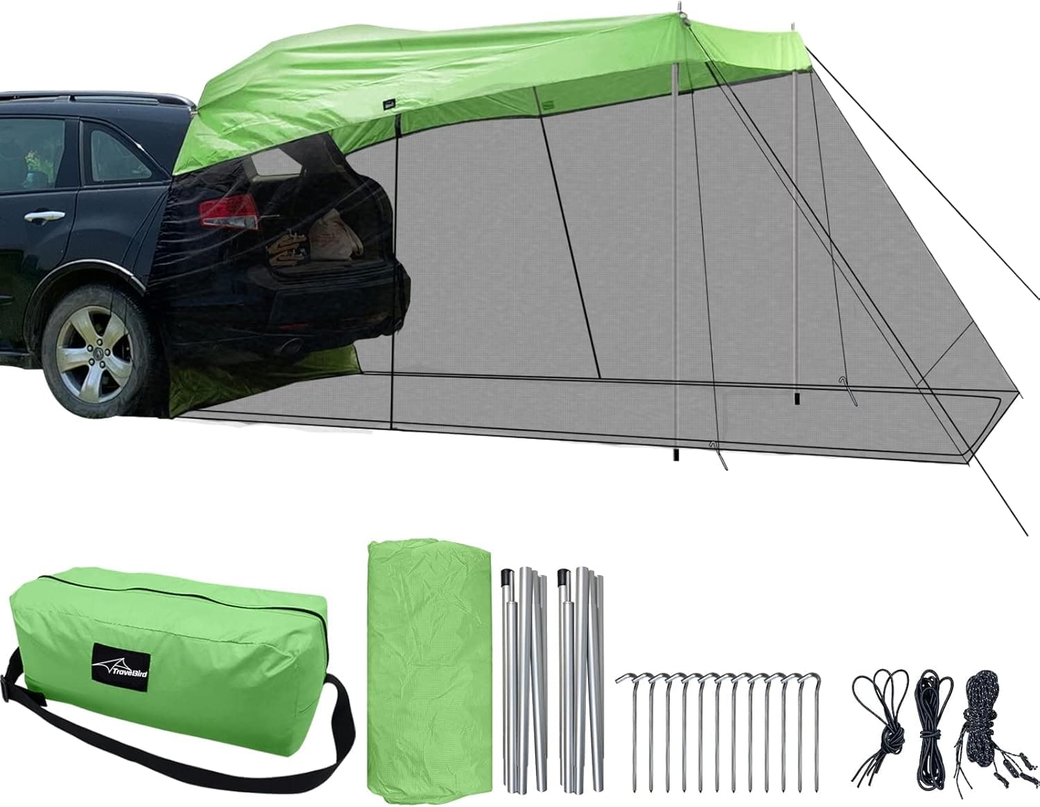 Travel Bird Car Awning Sun Shelter Tents Camping Truck Canopy, Portable SUV Tent Rooftop with Mosquito Net, Universal Tailgate Tent Outdoor for MPV, Trucks, Hatchbacks and Cars 118”x78.74”x78.74”