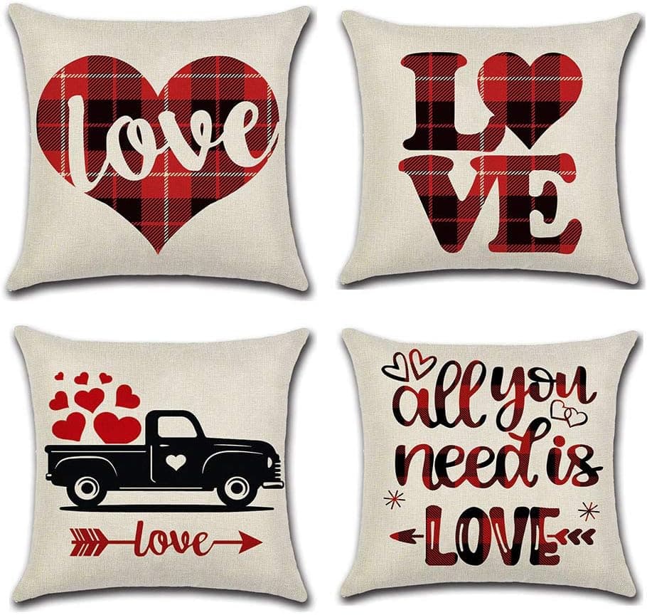 JUGROUPE Set of 4 Red Check Plaid Throw Pillow Covers 18x18 Inch, Spring Grid Mother's Day Decorative Couch Pillow Cases Cotton Linen Case Square Cushion Covers for Sofa, Bed and Car (Love)