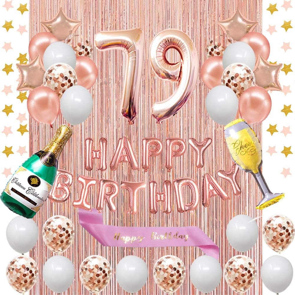 Fancypartyshop 79th Birthday Decorations - Rose Gold Happy Birthday Banner and Sash with Number 79 Balloons Latex Confetti balloons Ideal for Girl and Women 79 Years Old Birthday Rose Gold